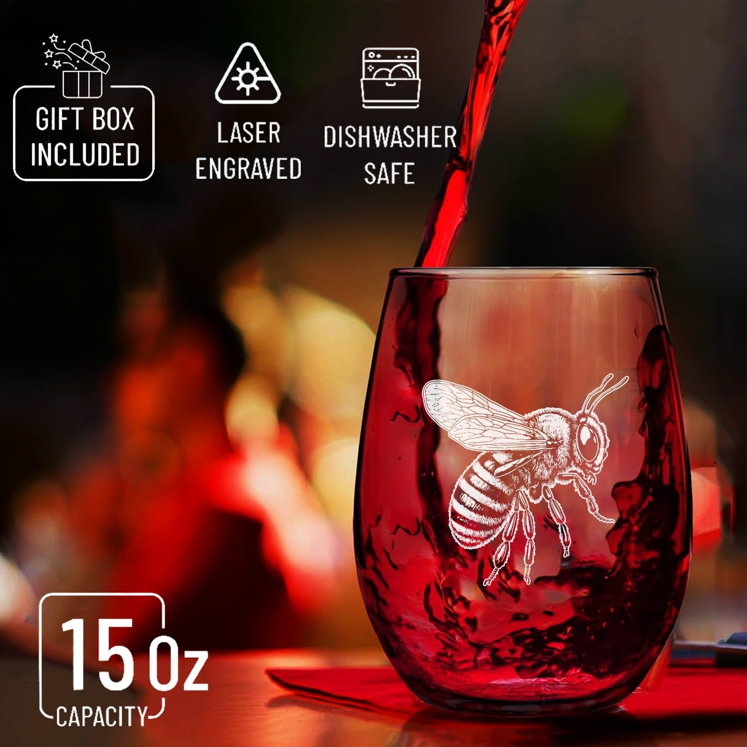 Honey Bee Vintage Engraved Stemless Wine Glass - Insect Themed Gift - Unique Birthday Gifts For Friends And Family - Honey Bee Lovers Gift - Vintage Animal Wine Glass - Image 3