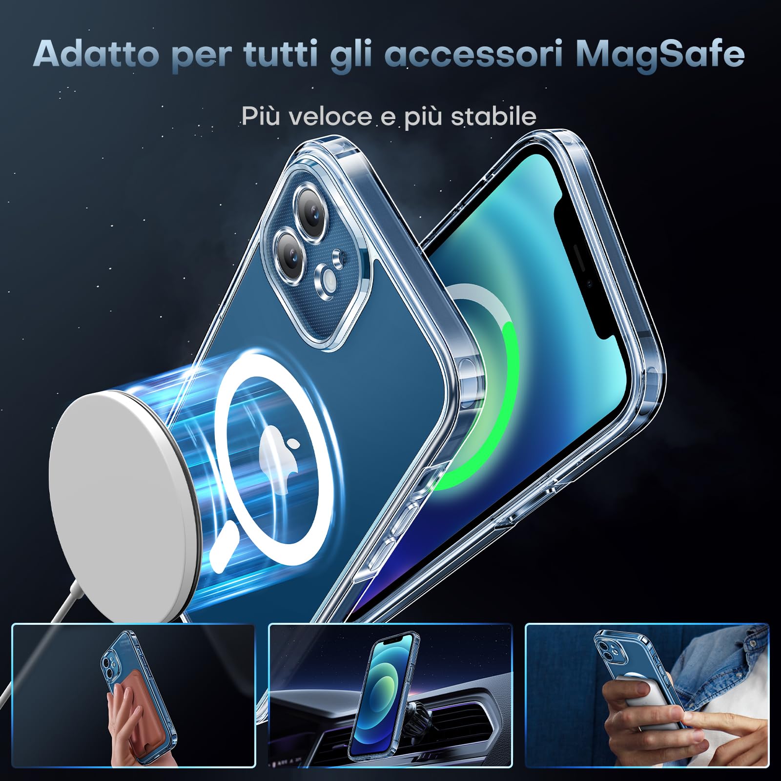 TOCOL Cover Magnetica per iPhone 12 6,1 Pollic, Compatibile con MagSafe, Protezione Fotocamera Integrata, Senza Ingiallimento, Trasparente