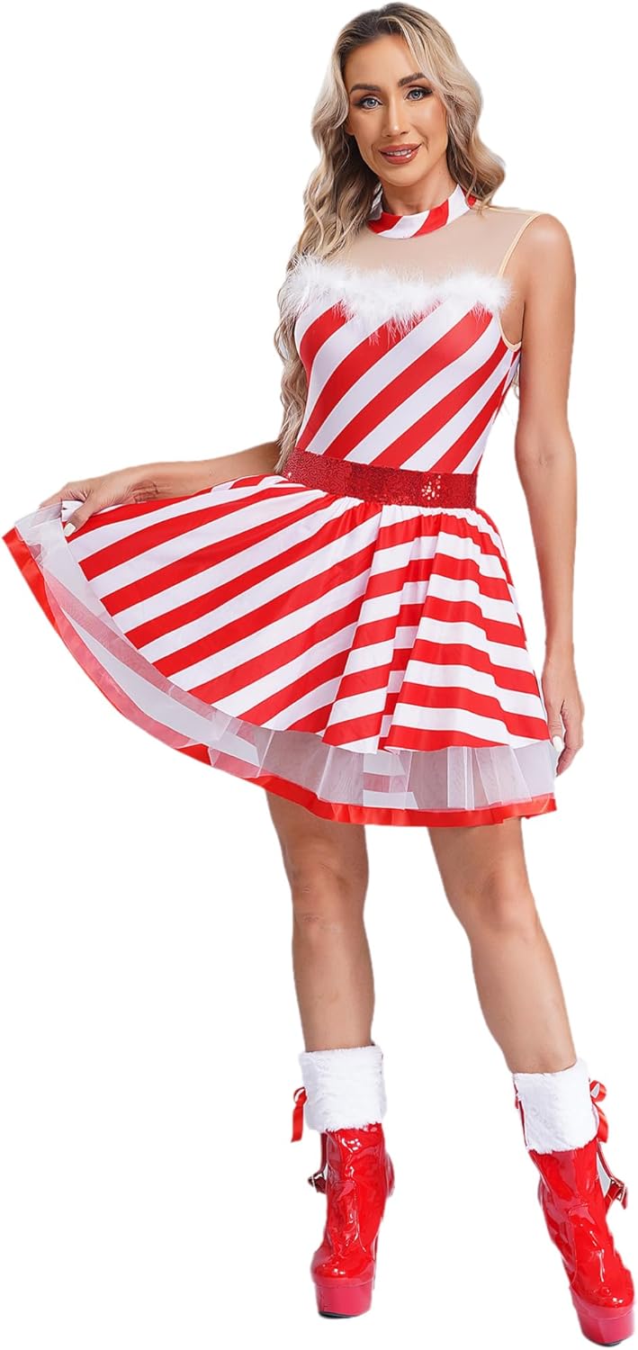 renvena Women Christmas Dress Ballet Dance Costume Sleeveless Candy Cane Striped Tutu Dress Skating Bodysuit