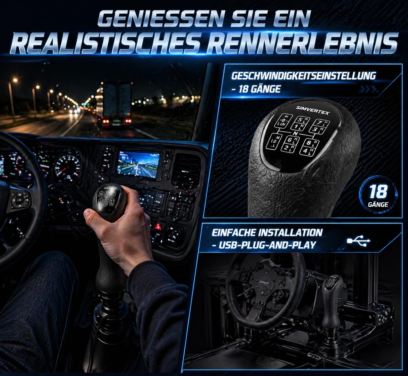 USB 18‑Gang Schaltknauf mit High/Low Range & Splitter – kompatibel mit Logitech G29/G27/G25/G923 Shifter – Plug & Play, nur PC, 3 Funktionstasten, M8/M10/M12 Adapter, für ETS2/ATS, Schwarz