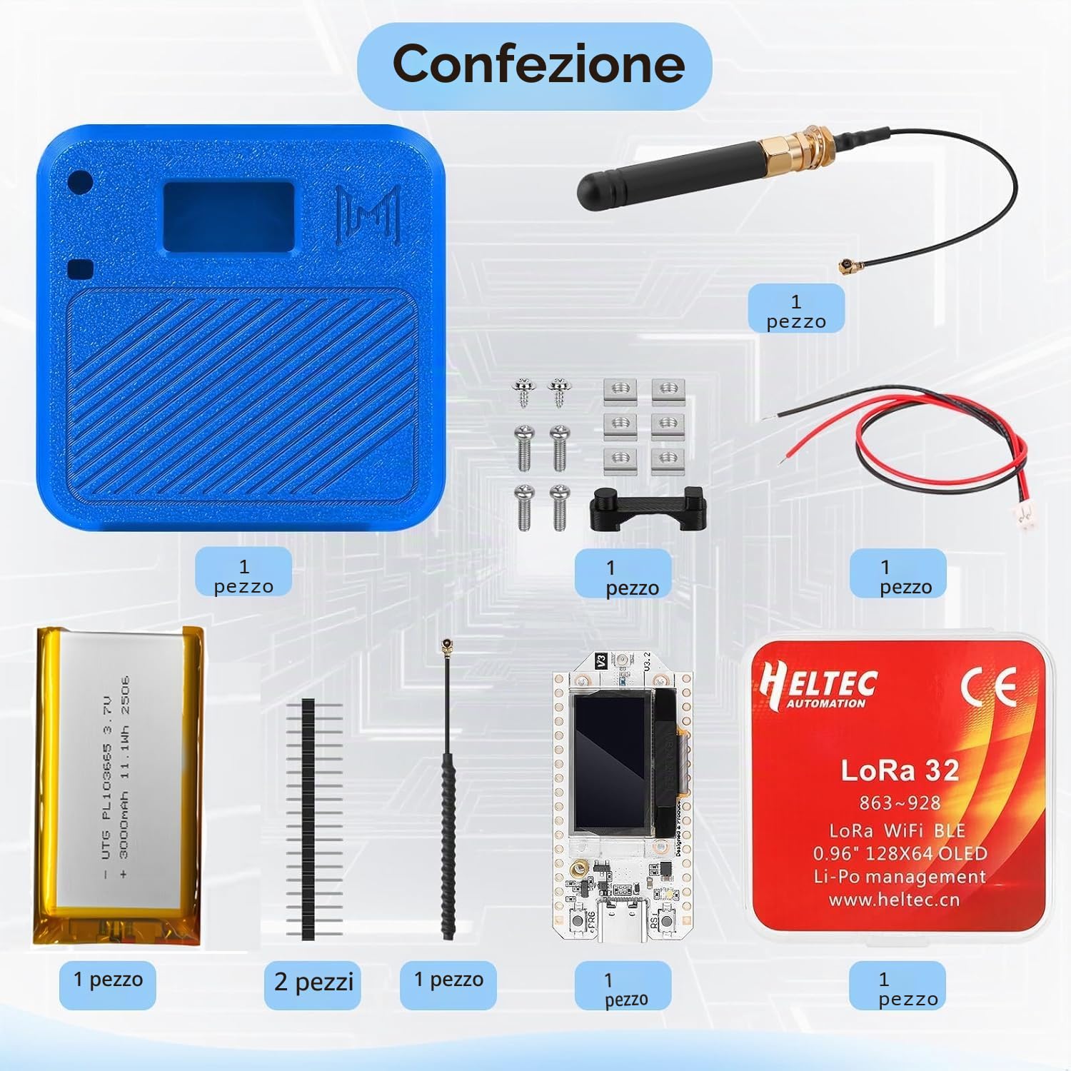 Heltec V3 ESP32 LoRa Dev Board N32 Kit Blu | Con custodia, batteria da 3000 mAh, supporto Meshtastic LoRaWAN WiFi, IoT per controllo industriale Smart Home