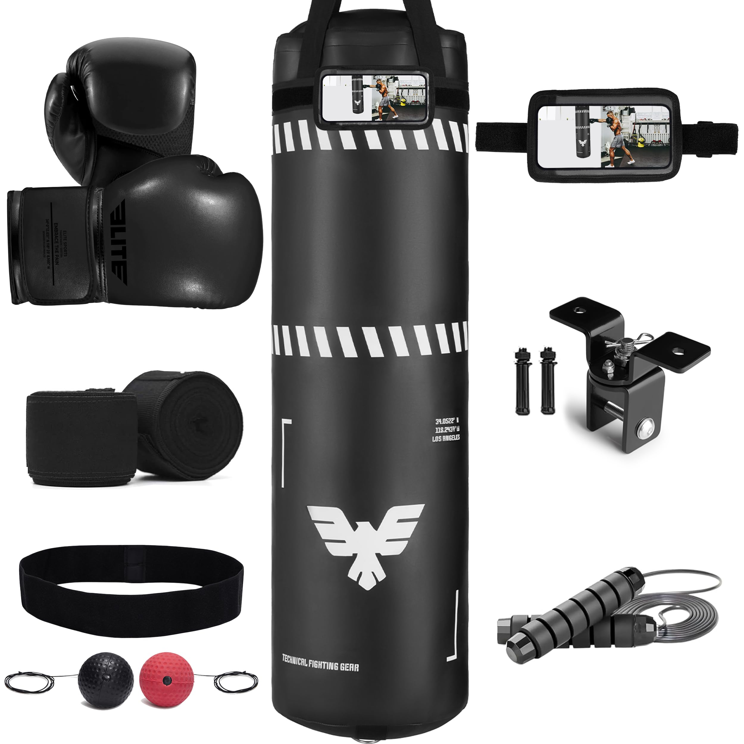 Elite Sports Adults Boxing Punching Bag Gloves Boxing Equipment Set, Martial Art - 4 ft Leather Heavy Boxing Bag Hanging Kit