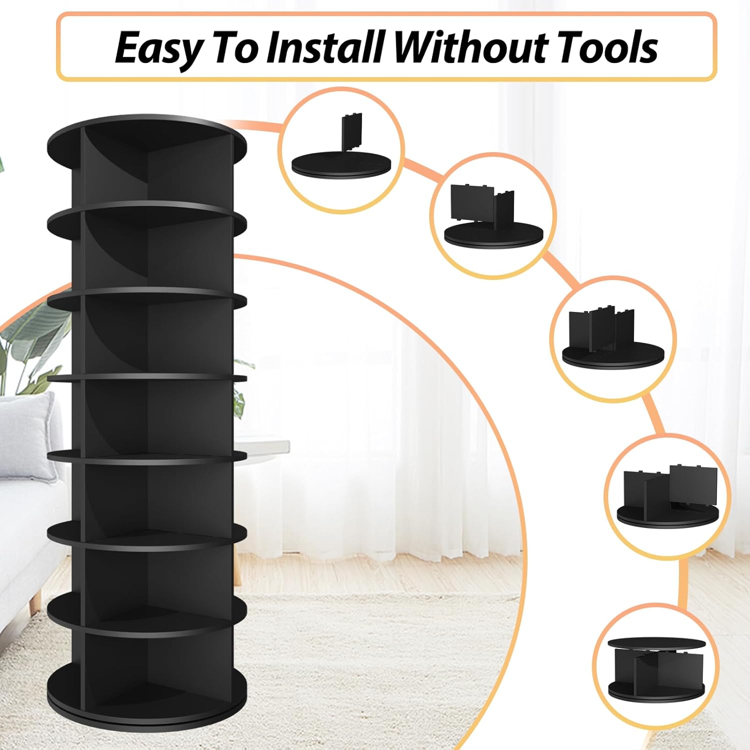 Hestiasko Rotating Shoe Rack, 7-Tier Spinning Shoe Rack, Free Standing Rotating Shoe Rack Tower 360°, Easy to Assemble, Space-Saving Revolving Shoe Organizer for Entryway - Black