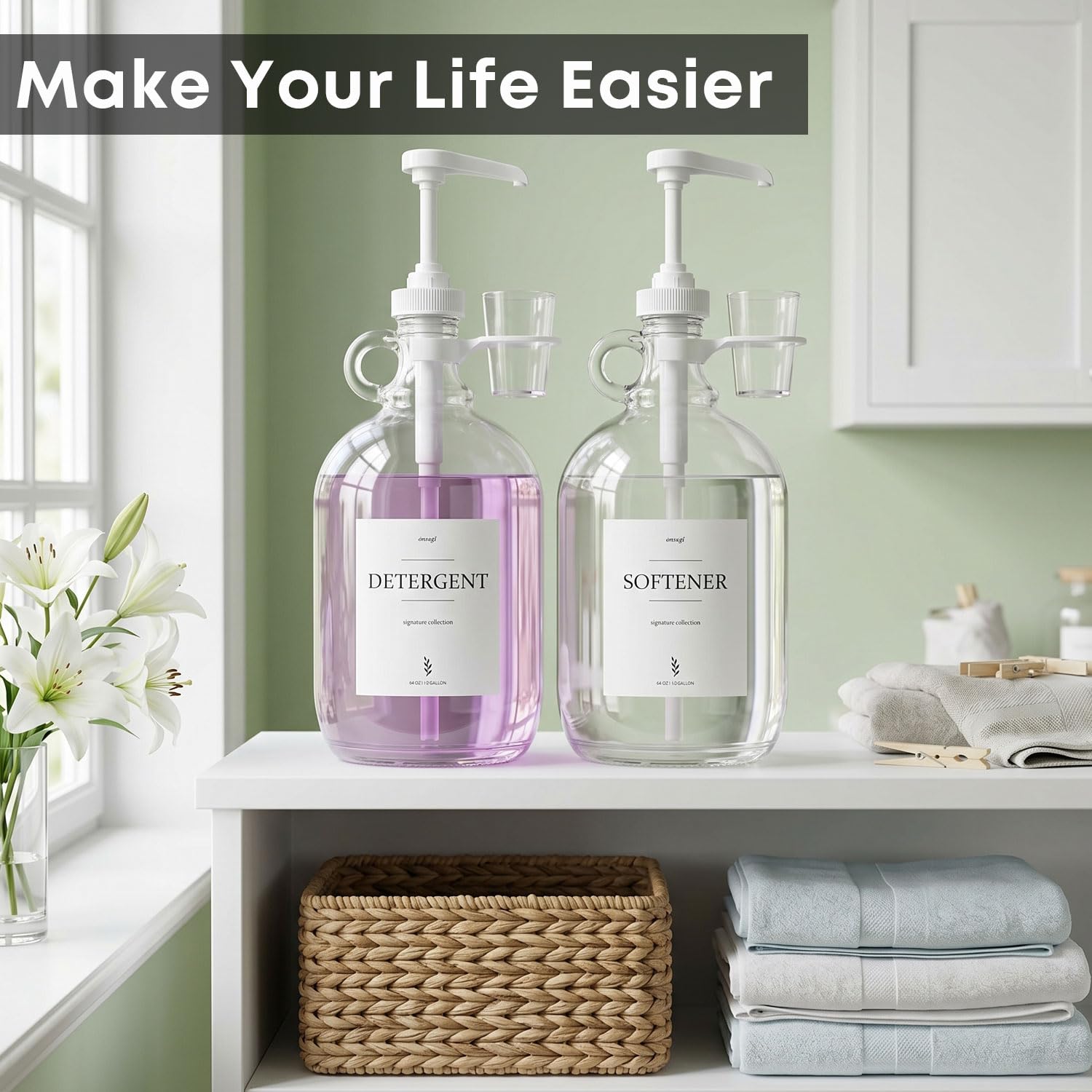 2 dispensadores de detergente líquido de vidrio con portavasos, dispensador de medio galón para cuarto de lavado (64 onzas cada uno), botellas de detergente para ropa con dispensador de bomba, incluye