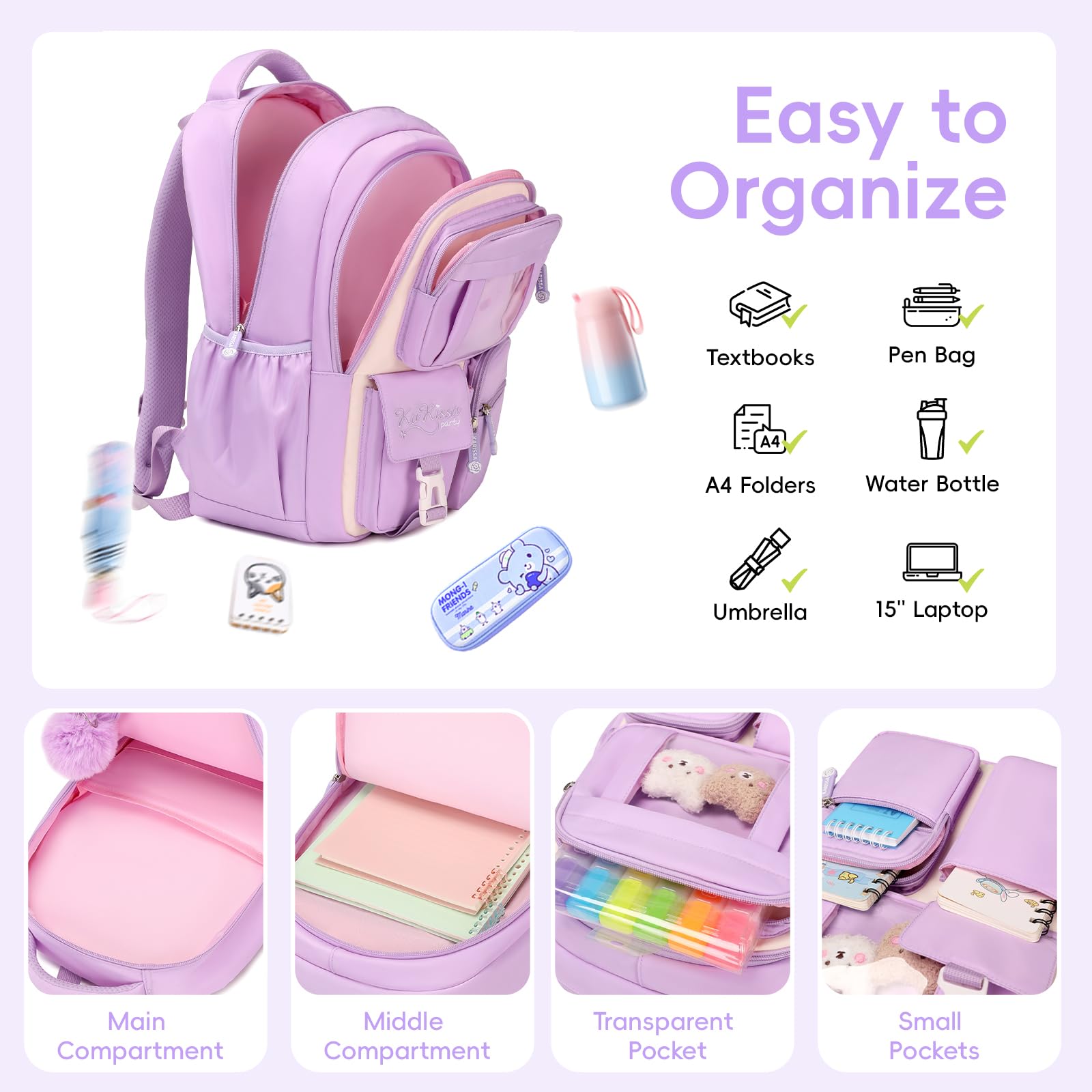 Amythe Mochila Escolar Niña, Mochilas Colegio de 3 Piezas para Niñas