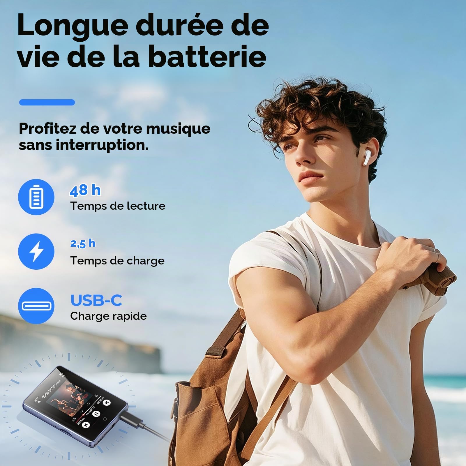 Lecteur MP3 Bluetooth 5.3 avec Écran Tactile Complet de 2,8 Pouces, Haut-Parleur Intégré, 32 Go (Prend en Charge Jusqu'à 128 Go), Baladeur Musique HiFi sans Perte avec Radio FM