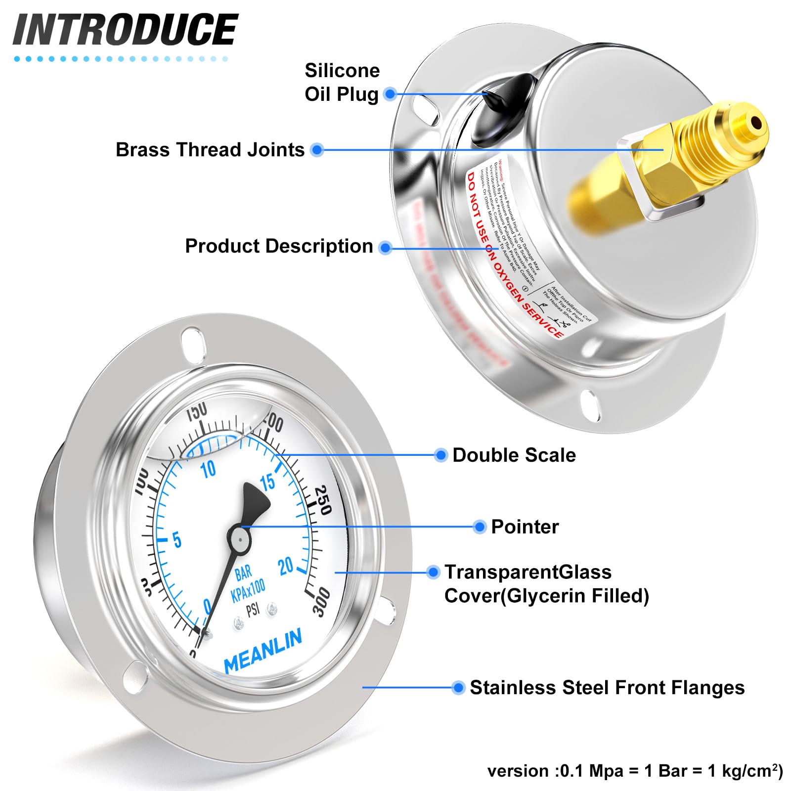 MEANLIN MEASURE 0~20BAR/300PSI Manomètre à liquide, montage sur panneau à bride avant, boîtier en acier inoxydable 1/4"BSP 2.5" FACE DIAL avec vis et écrou Phillips, +/-3-2-3%.