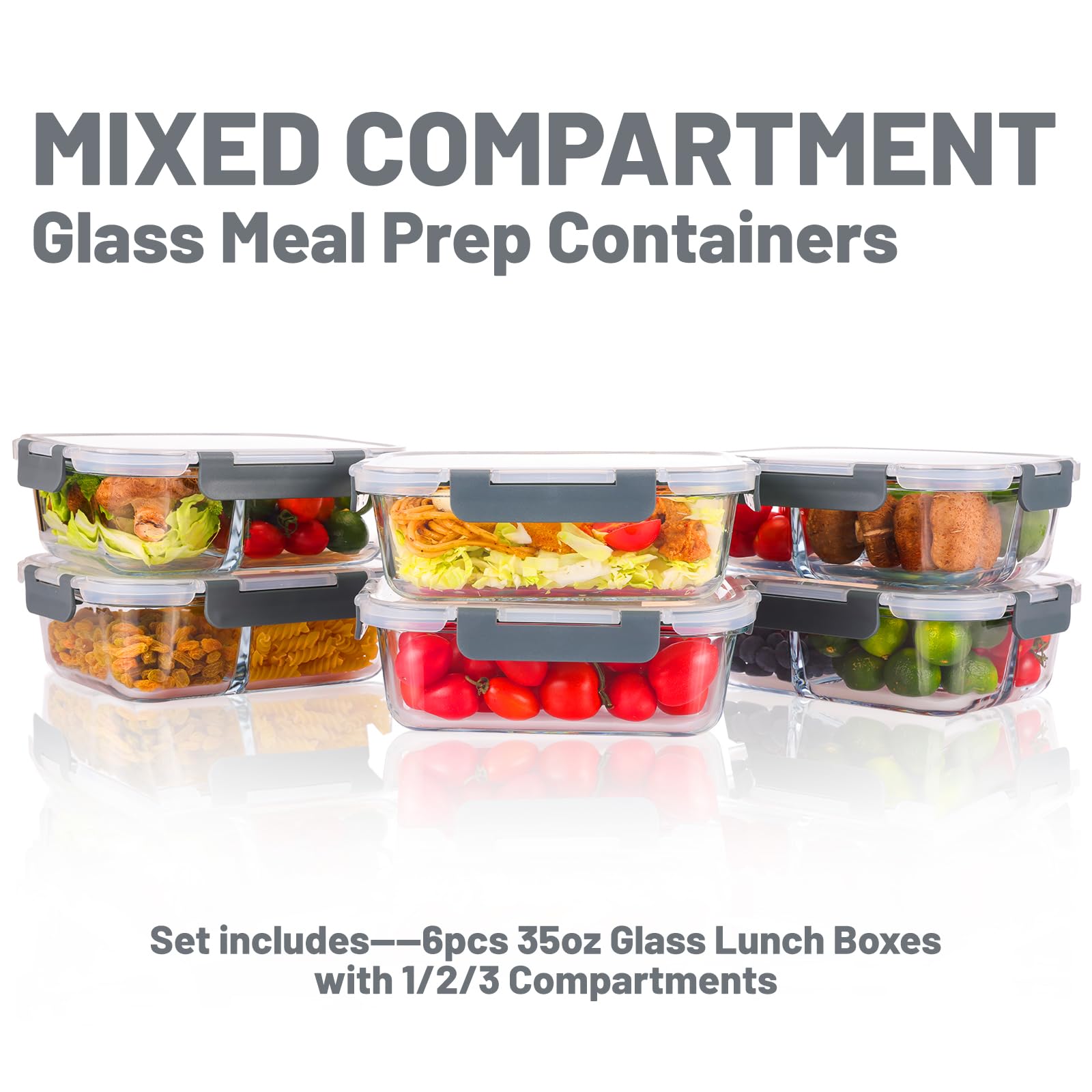 Moretoes Glass Food Storage Containers, 6pcs, 35oz, Glass Bento Box, Glass Meal Prep, Airtight Storage Container, Glasslock Container, Clear Containers