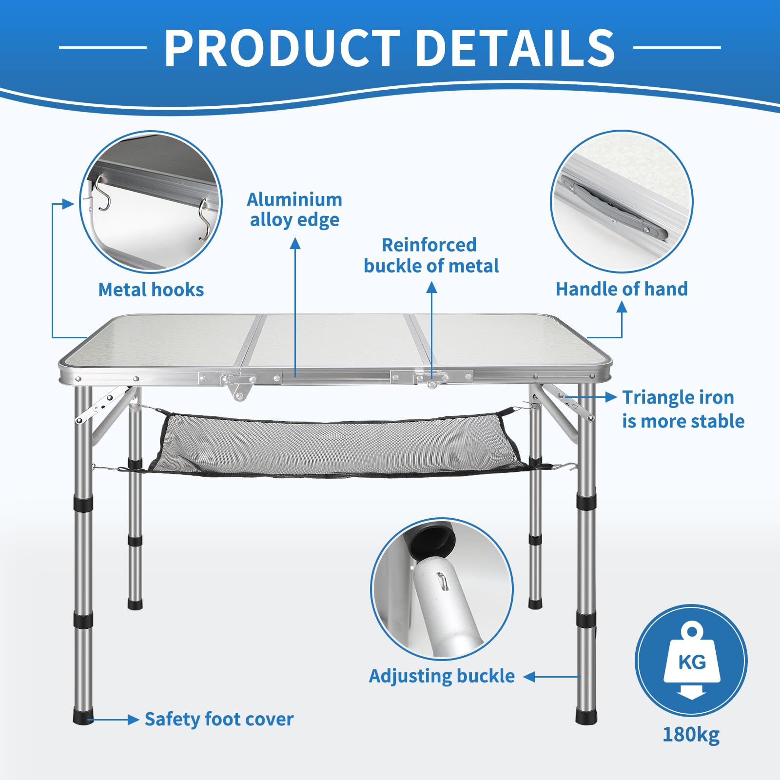 CPROSP Table de Camping Pliante Portable 90 * 40 cm, Extérieure Noire | Hauteur Réglable 26-70 cm; avec Filet de Rangement; Sac de Transport Inclus; en Aluminium MDF pour 4 Personnes