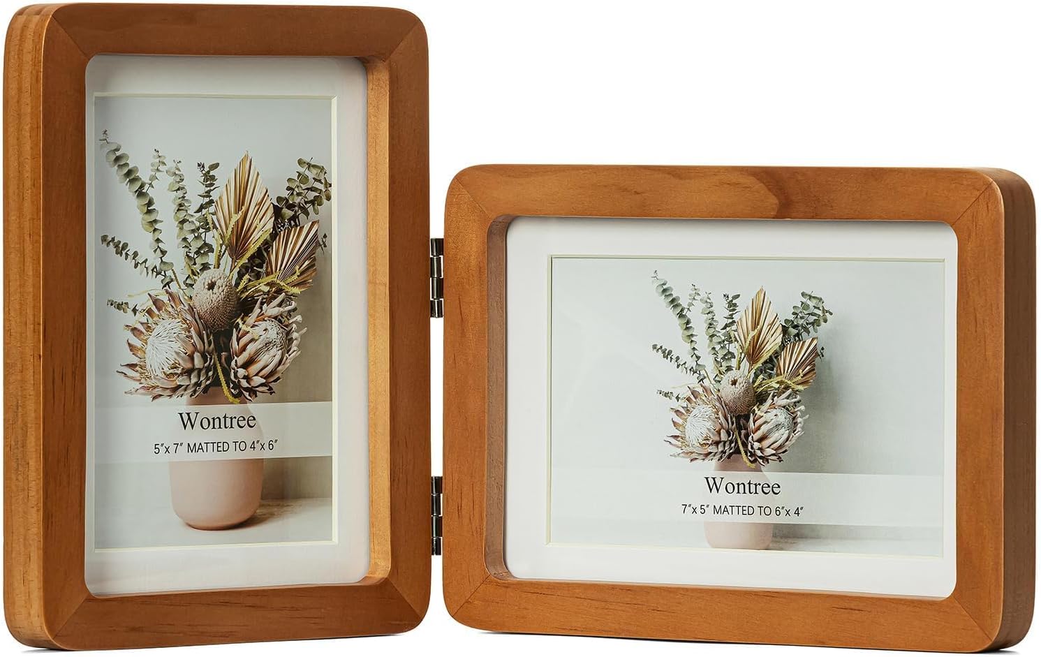 5x7 Double Vertical Horizontal Hinged Foldable Combo Rounded Corner Picture Frame, Walnut-Colored Pine Wood with Real Glass, Display 5x7 Photos Matted to 4x6, Free-Standing Desk Tabletop