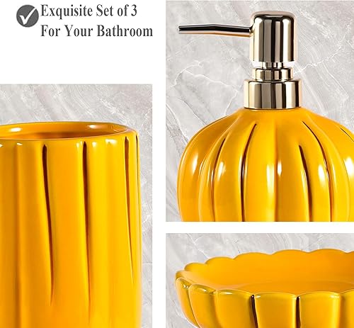 Miniatura 3 de Juego de accesorios de baño de cerámica de 3 piezas, juego de accesorios decorativos para encimera de baño, forma de calabaza, amarillo