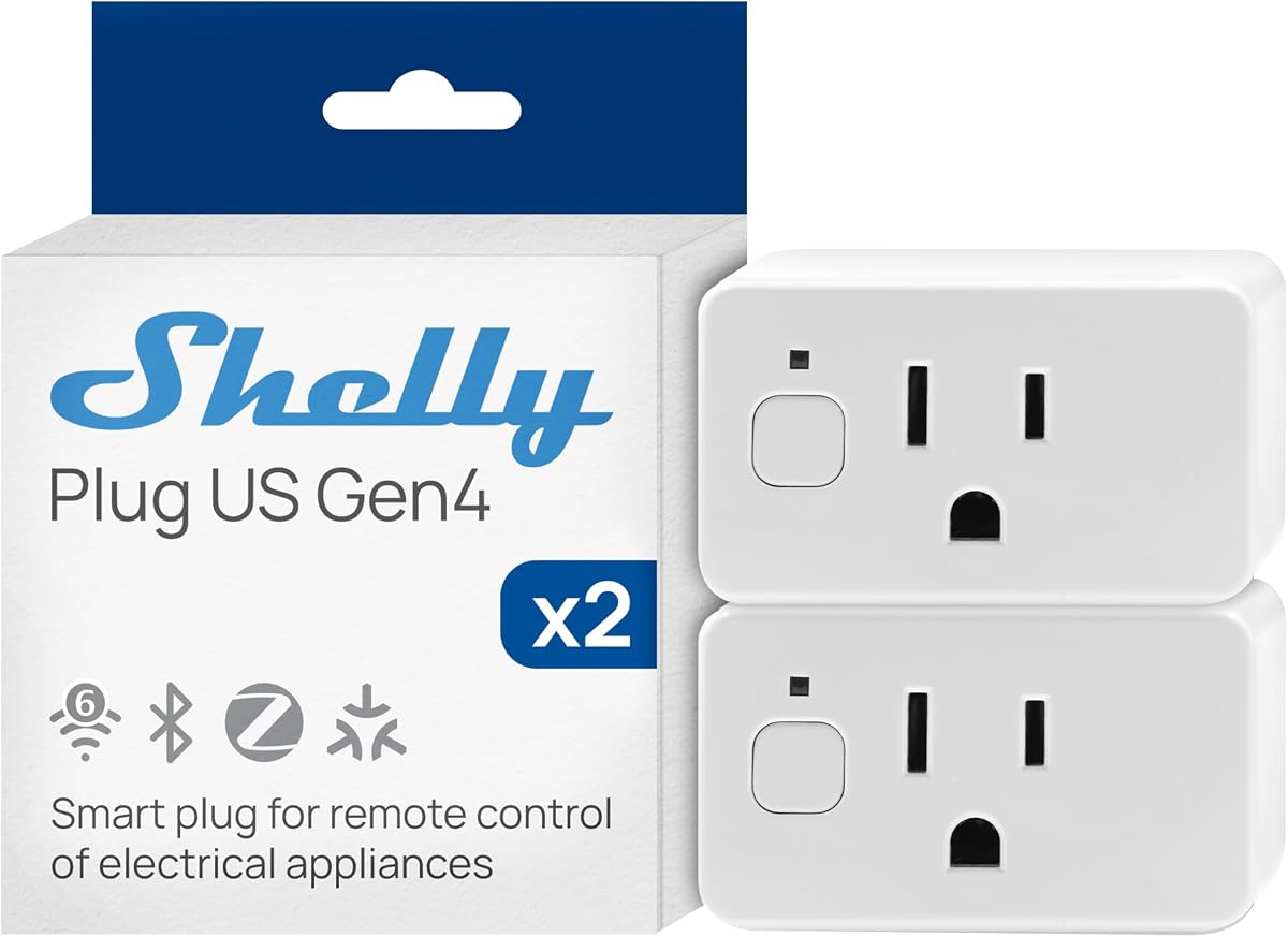 Shelly Smart Plug UL, WiFi, Bluetooth, Zigbee, Matter Outlet with Power Metering, Works with HomeKit, Google Home, Alexa, Home Assistant, Smart Socket, Easy Setup Plug US Gen4 (2 Pack)