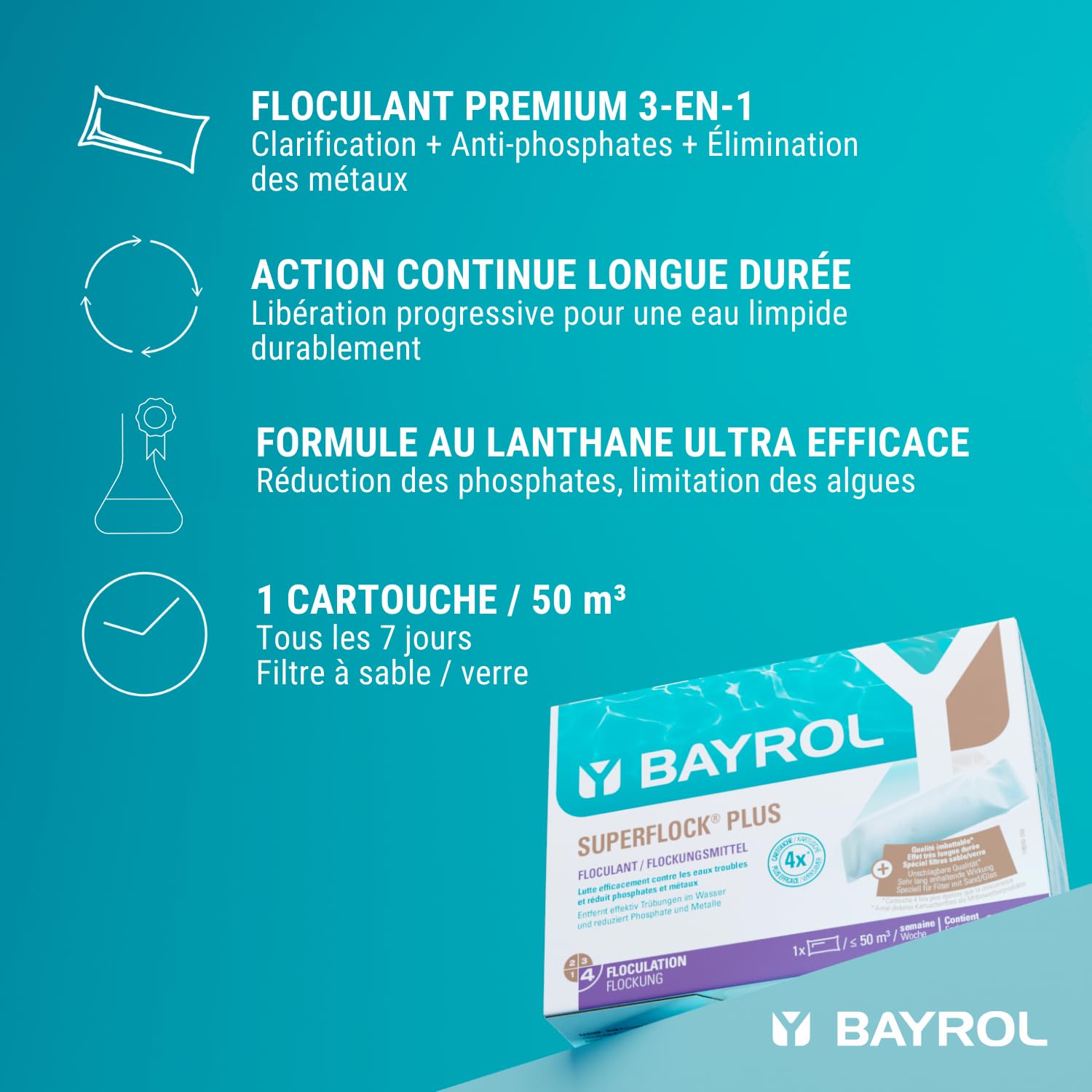 BAYROL Superflock Plus 1 kg - Floculant Piscine pour Filtre à Sable/Verre - Formule avec lanthane - Élimine Les Particules Fines, métaux & phosphates - Rend l‘Eau cristalline