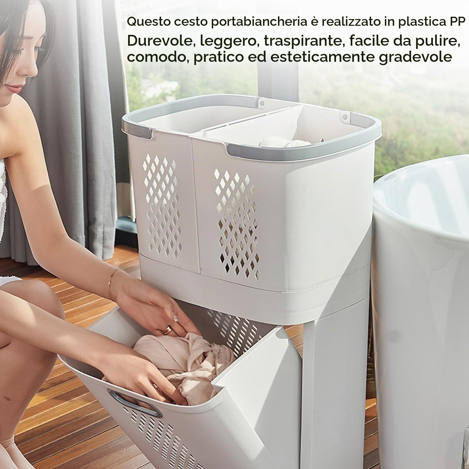Cesto per bucato con ruote, contenitore portabiancheria sporca con 3