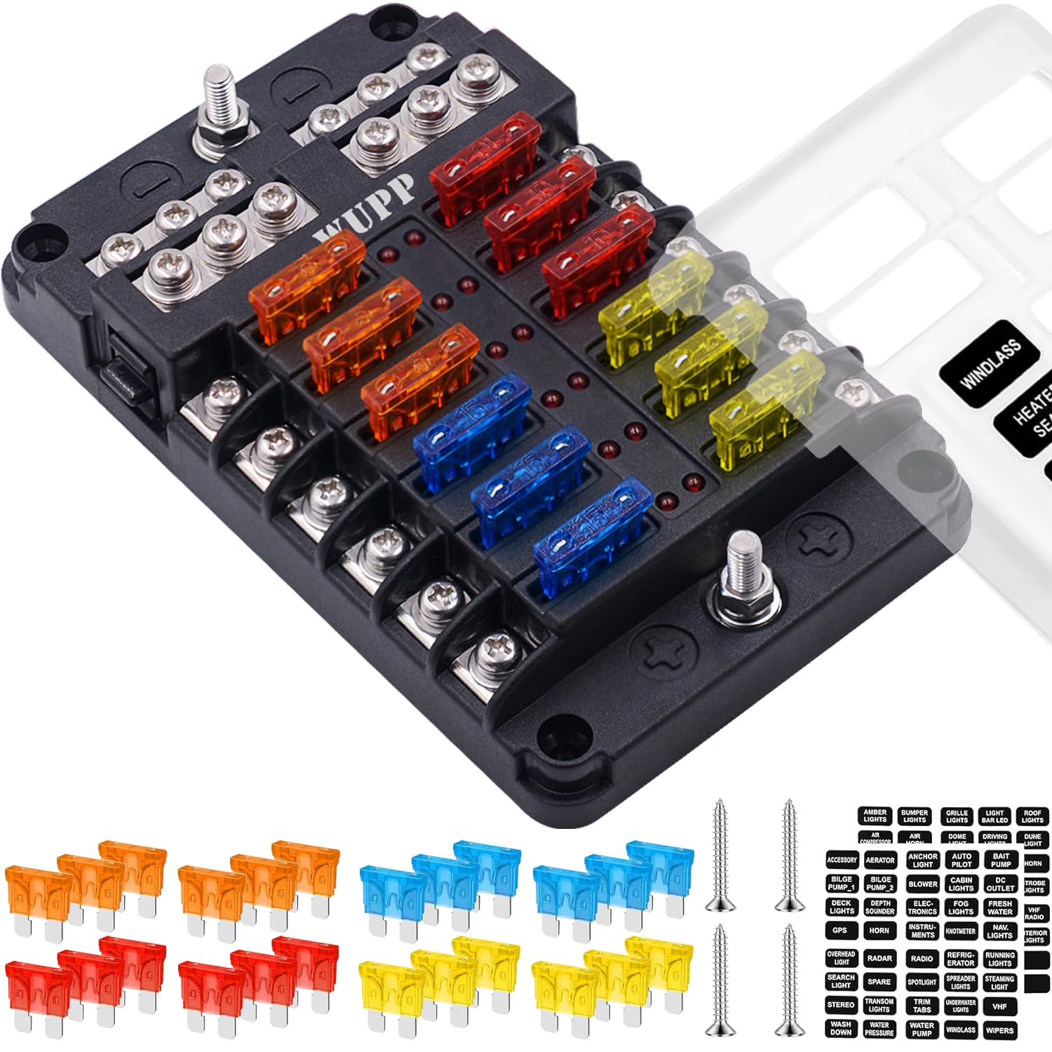 Photo 1 of 12 Circuits Fuse Block Panel - with Negative Bus Fuse Box Holder Screw, Marine Fuse Block DC 12-24V with LED Indicator Waterproof Cover for Car Marine Boat RV Truck, 24 Fuses Included