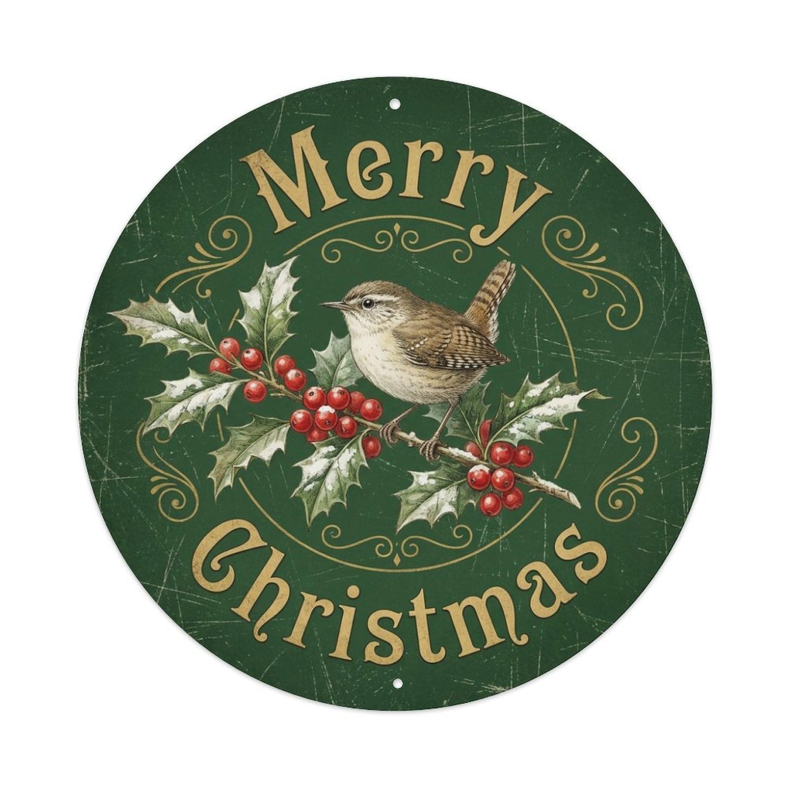 Merry Christmas Wren Holly Branch Metal Tin Sign