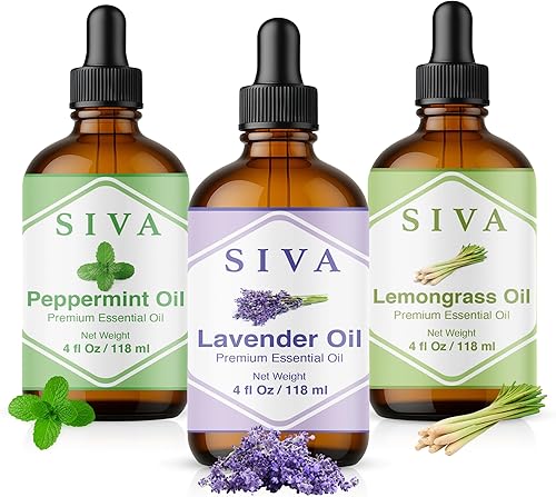 Siva - Paquete de aceite esencial de lavanda, menta y citronela, 4 onzas, súper ahorrador, juego de calidad premium para aromaterapia, masaje del