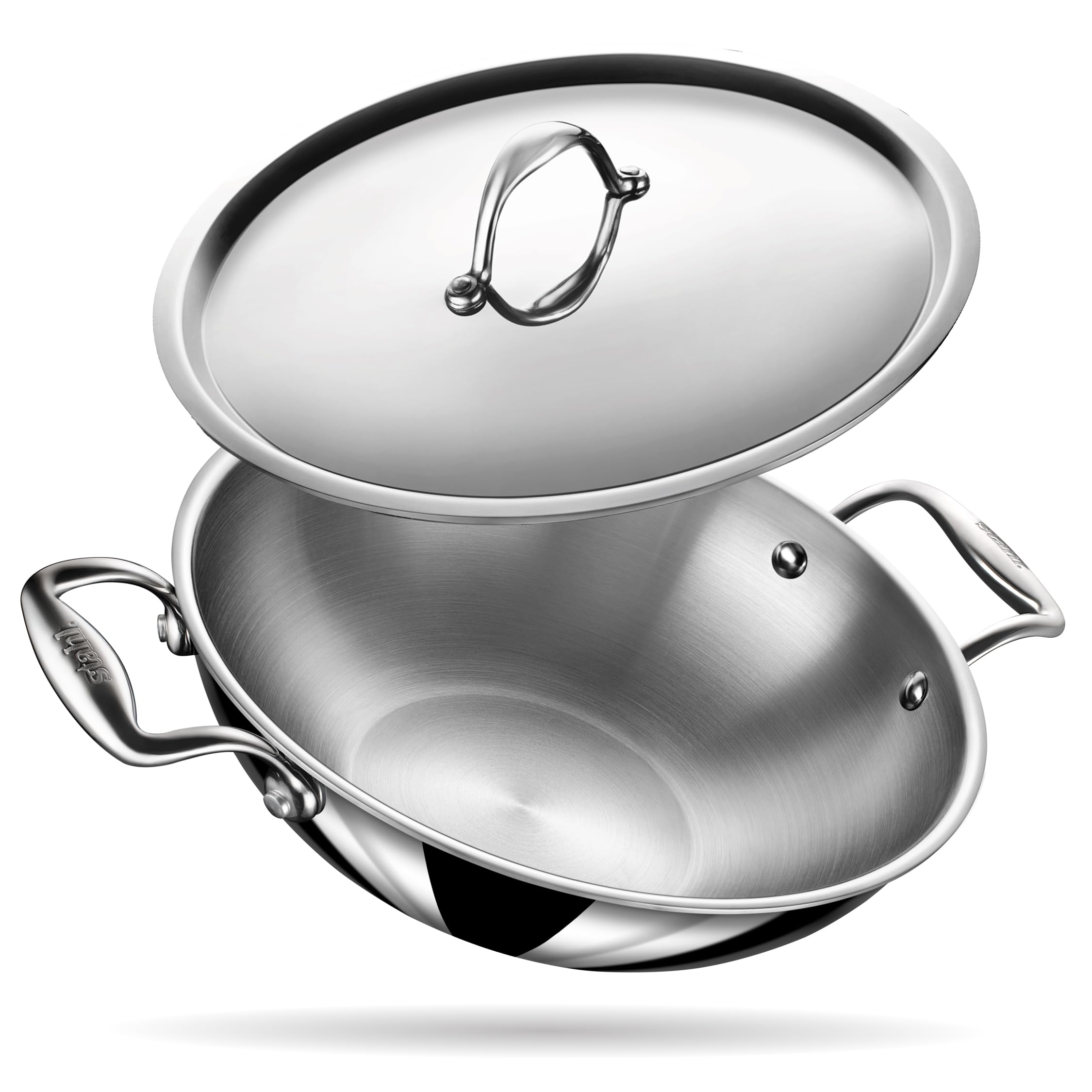 Kadhai de acero inoxidable tri ply stahl con base de gas e inducción de 34 cm y tapa