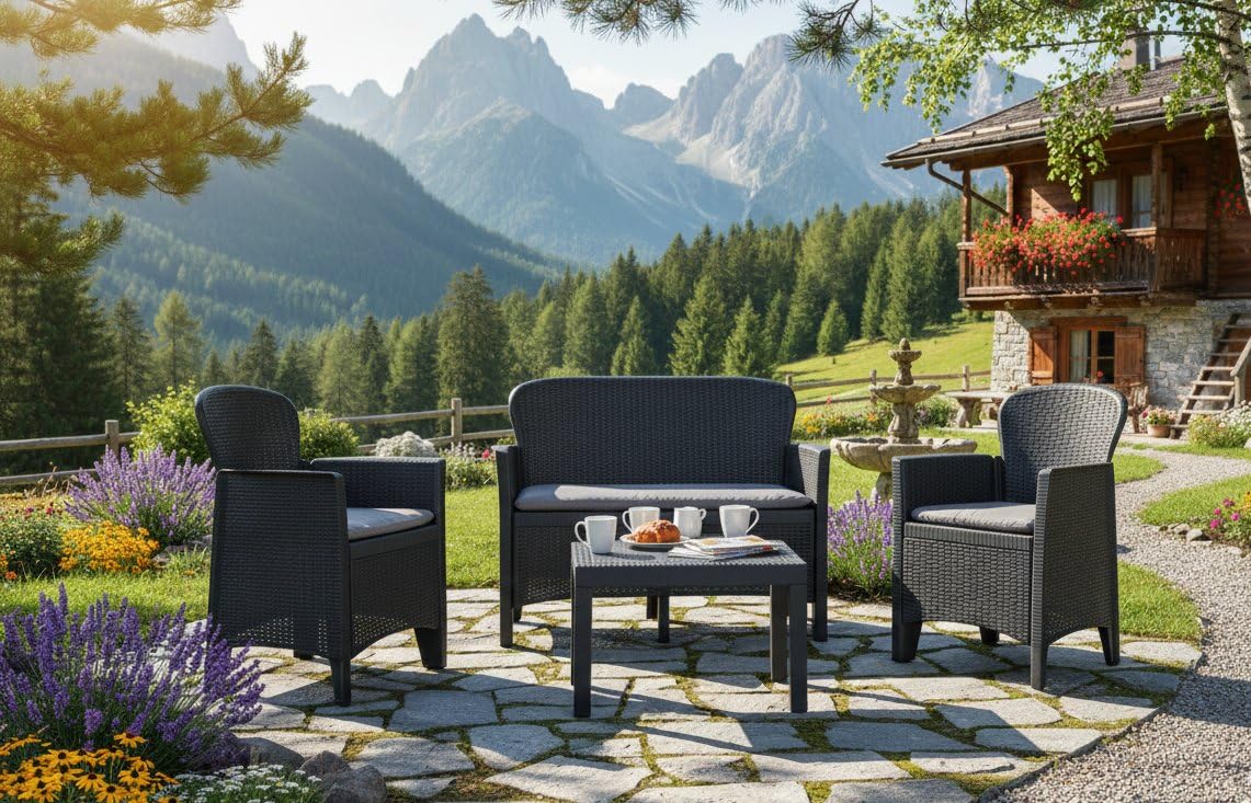 Dmora - Set salotto da esterno Ostuni, Set da giardino con 2 poltrone, 1 divano ed 1 tavolino, Salottino effetto rattan con cuscini, 100% Made in Italy, Antracite