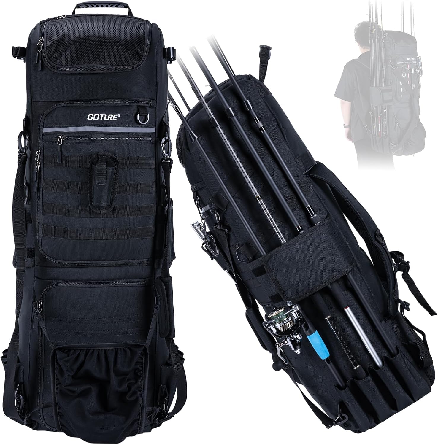 Goture Mochila de pesca con 6 cajas de cebo de pesca, mochila de accesorios de pesca de 116 litros con dos soportes para cañas y protector de lluvia, tela Oxford 600D, bolsa impermeable para aparejos