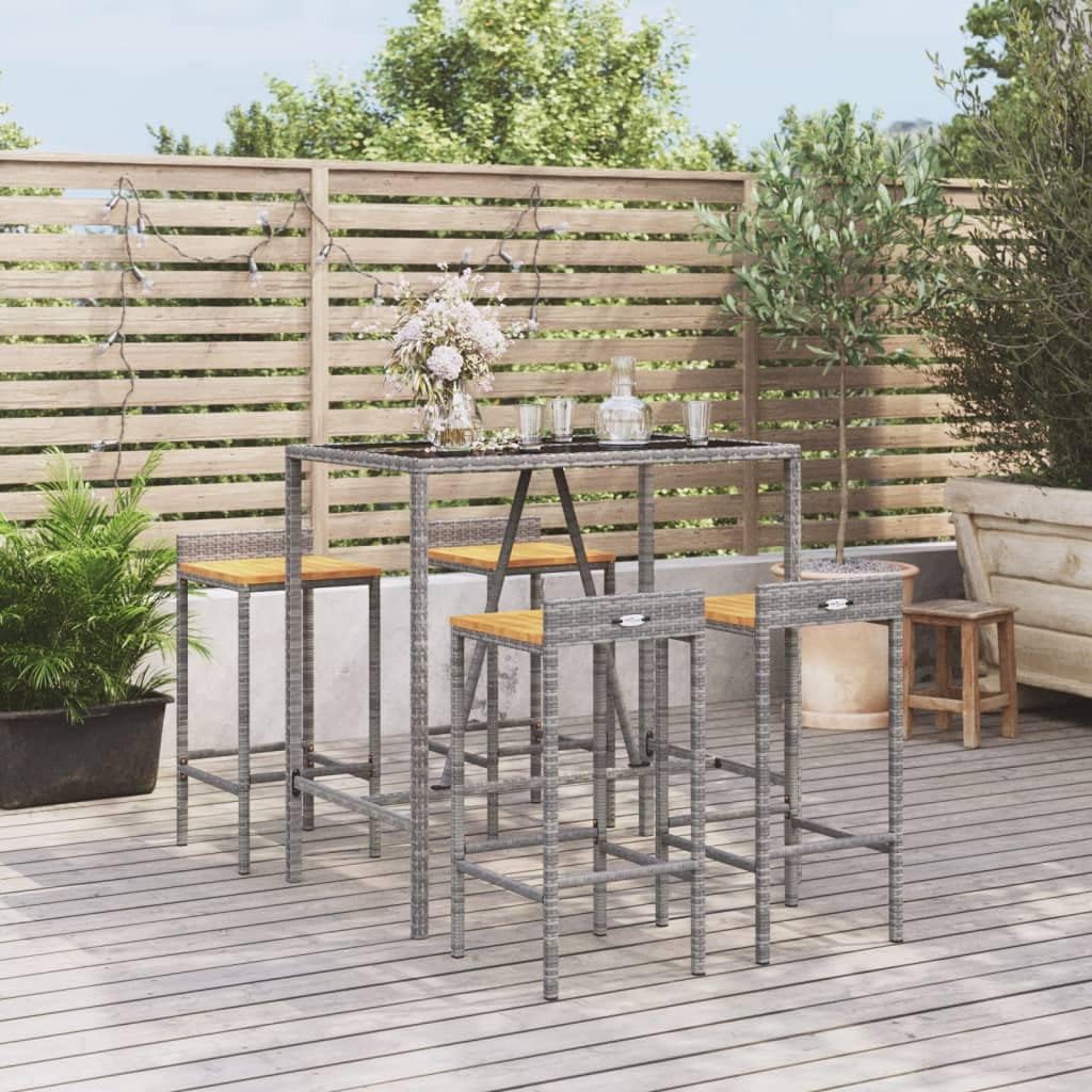 5 Piece Grey Poly Rattan and Solid Wood Acacia Garden Bar Set with Tempered Glass Tabletop and Powder-Coated Steel Frame for Outdoor Patio