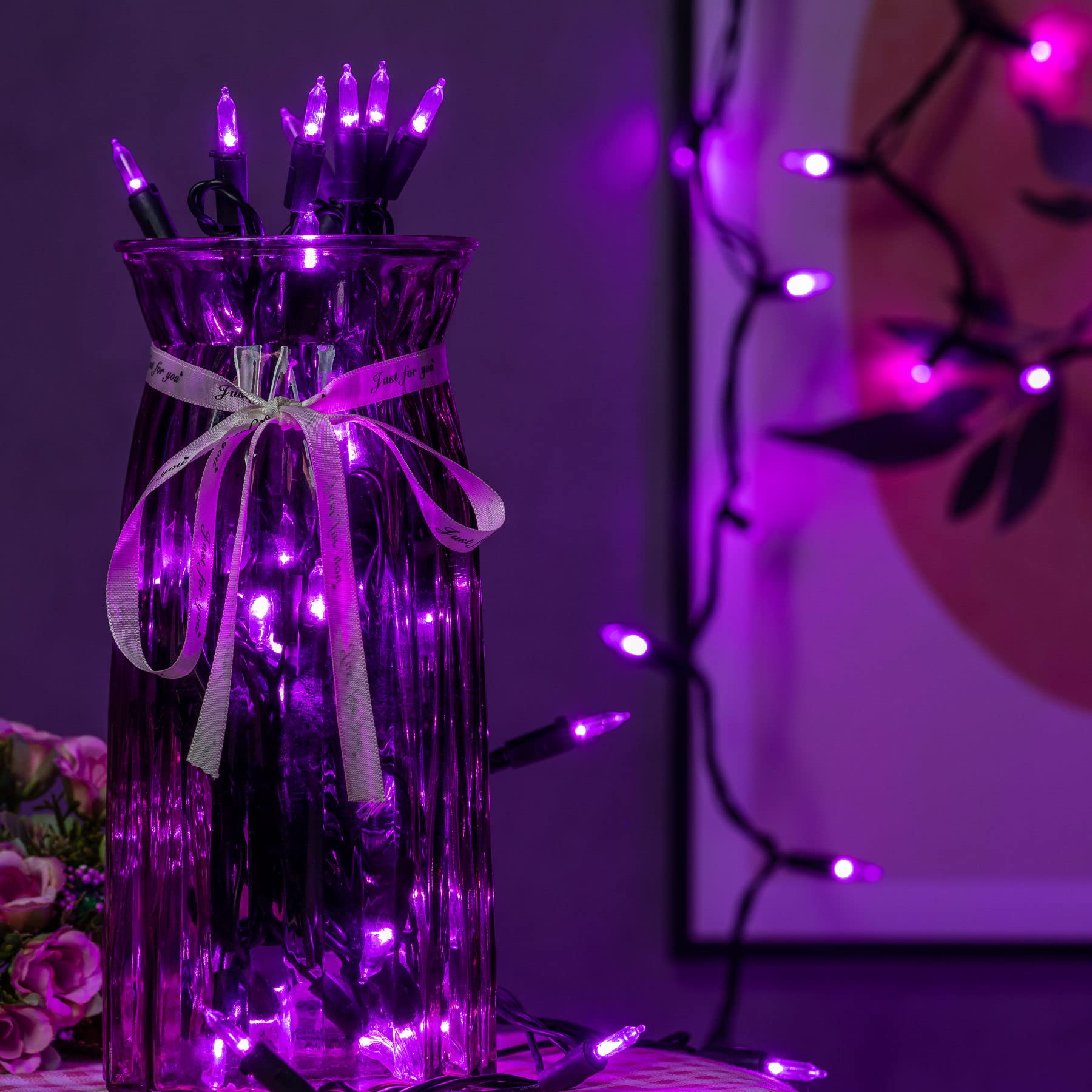 purple dressed black angel christmas light YULETIME 200 Purple LED Christmas Lights with Black Wire, Pack of 2 Strands  33 Feet 100 Lights UL Certified Holiday String Light Set