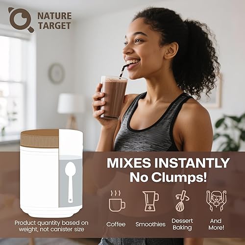 Miniatura 7 de NATURE TARGET Paquete de péptidos de colágeno múltiple en polvo, chocolate y vainilla, colágeno hidrolizado para mujeres y hombres con creatina,