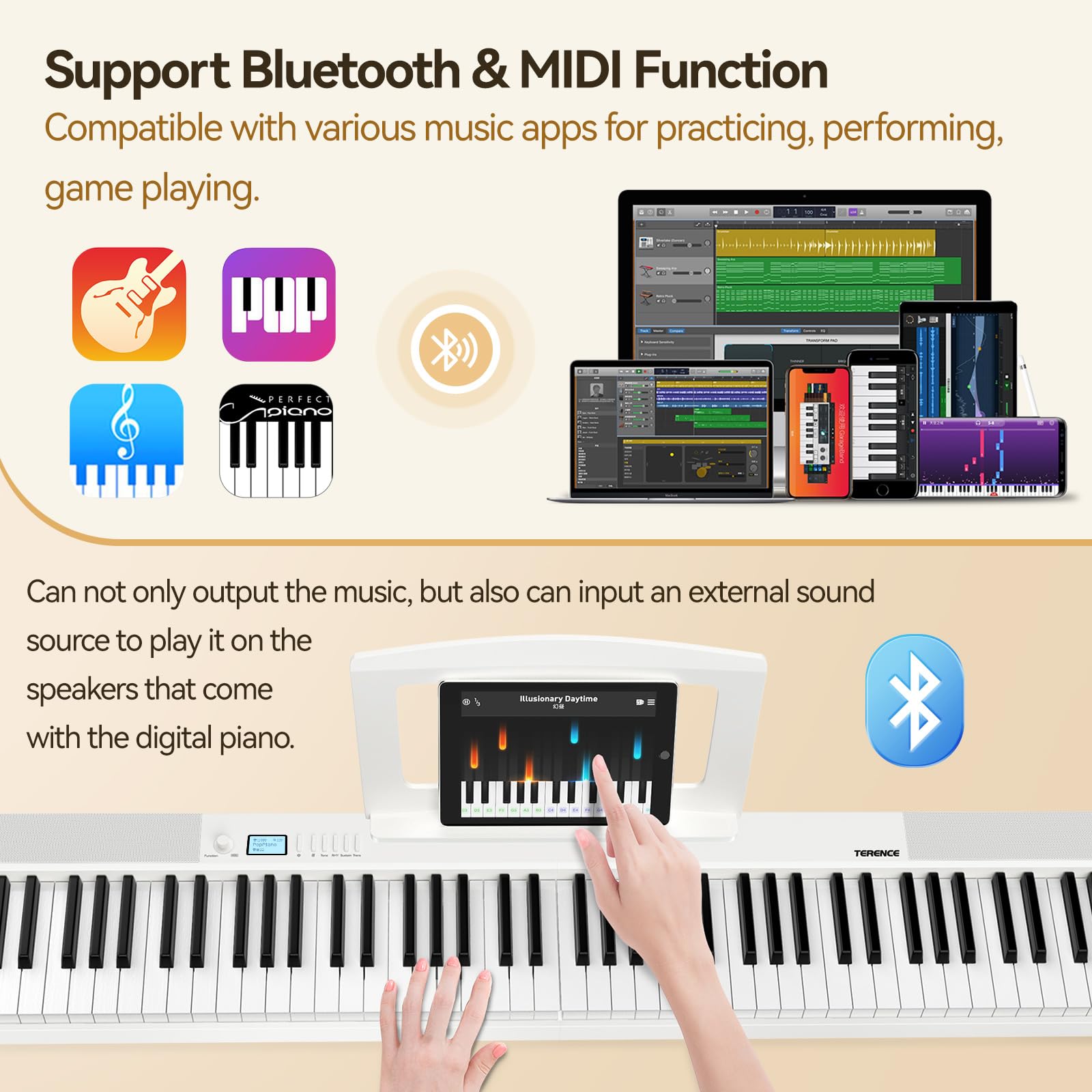 TERENCE Pieghevole Pianoforte Digitale 88 Tasti semi-pesati con batteria da 1800 mAh Altoparlanti 2x5W Bluetooth interfaccia MIDI supporto per spartiti Borsa Cavo audio con Pedale di sostegno Bianco
