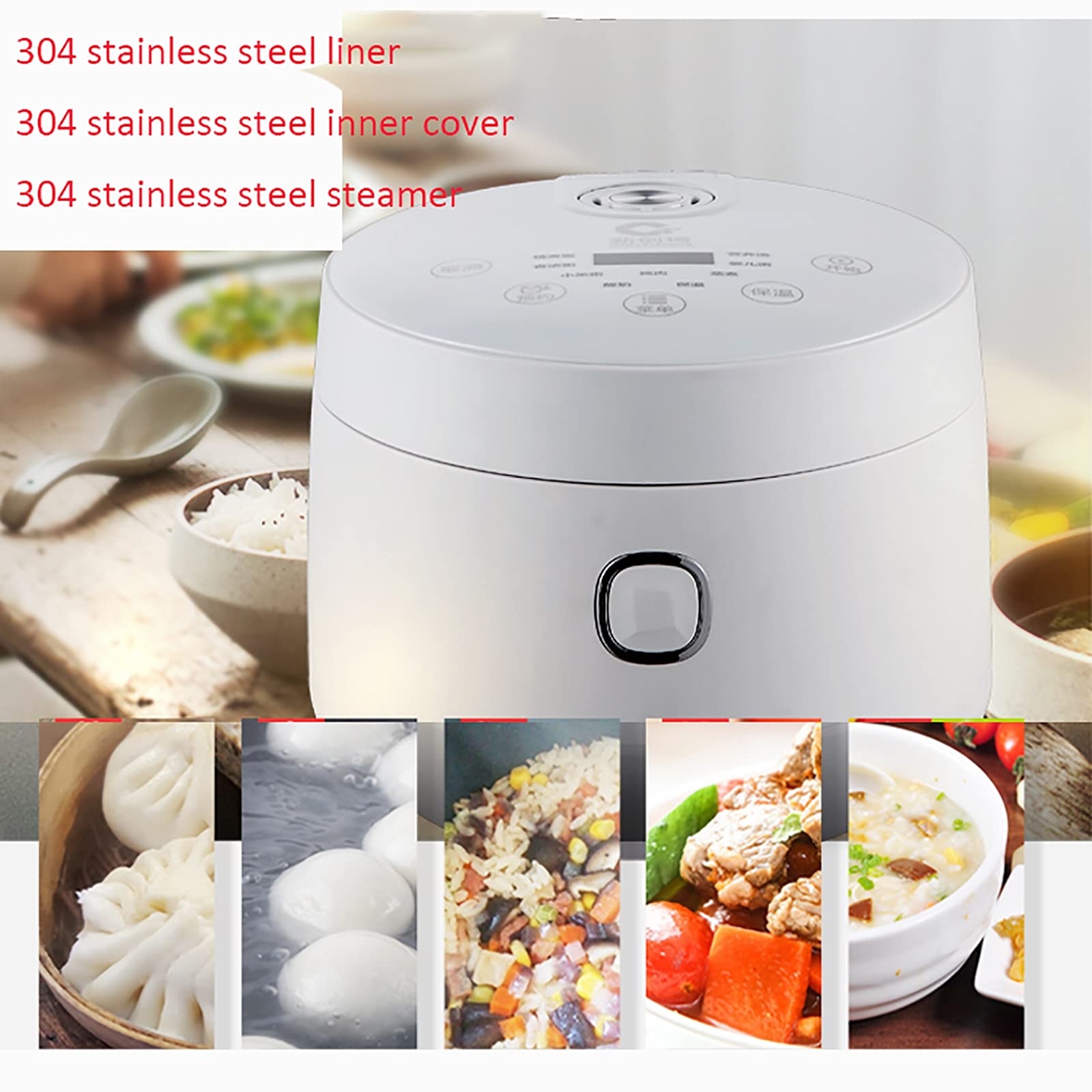 Cuociriso con vaporiera (2L) Pentola Interna in Acciaio Inossidabile 304 Isolamento per Riso e Vapore Cibo Sano e Verdure 220-240V