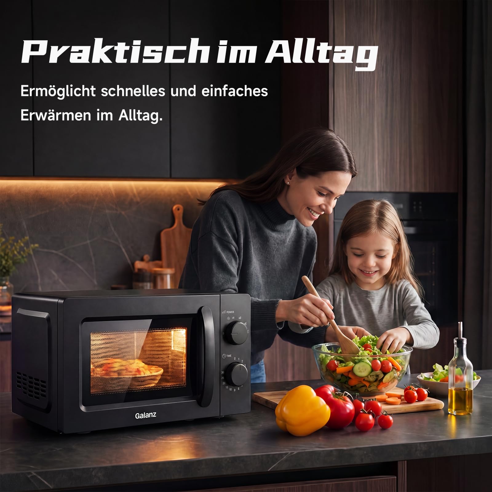 Galanz Mikrowelle 20L 700W, Solo Mikrowellengerät mit Drehregler, 6 Leistungsstufen, Drehteller aus Glas & Sichtfenster, einfache Bedienung, Schwarz, P70J20J-P5