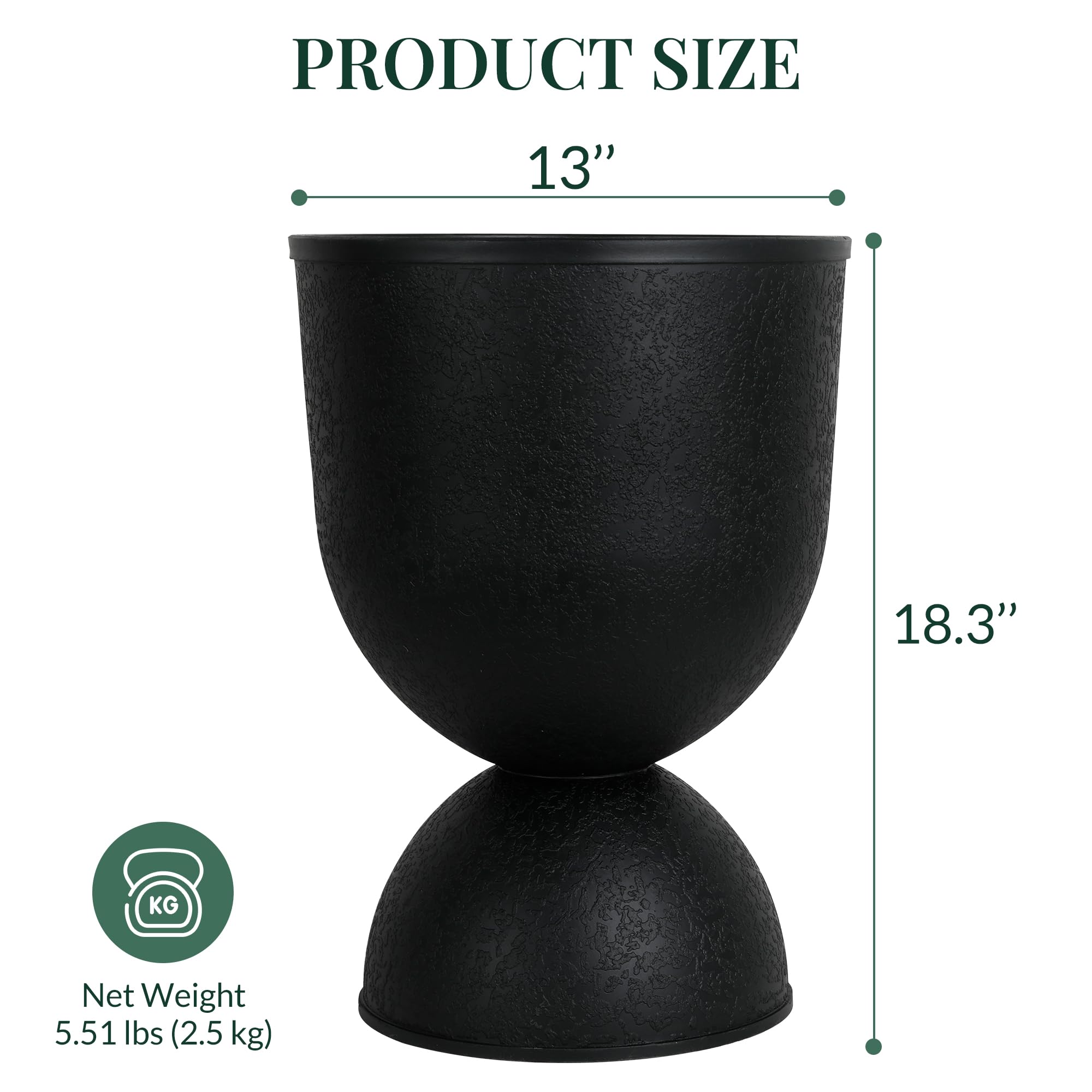 KOL Macetas para flores, macetas de plástico para plantas de interior y exterior, macetas de pedestal negro, 2 unidades, macetas decorativas de 18 pulgadas de alto con agujeros de drenaje y tapones