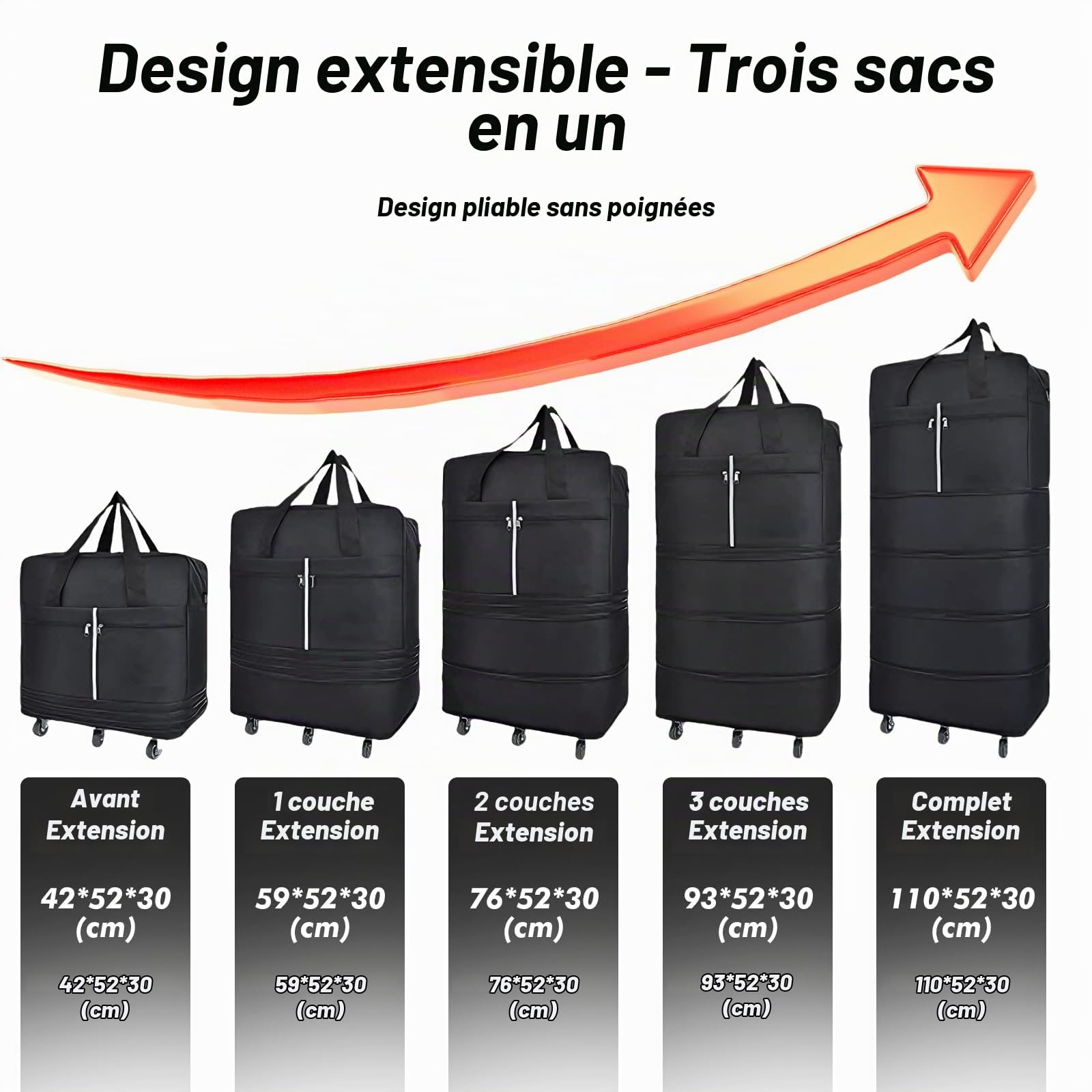 Sac de Voyage Pliable à roulettes, 110cm Extensible Sac Voyage Grande Taille avec roulettes et Bandoulière, Rangement pour Homme Femme 110 x 52 x 30 cm