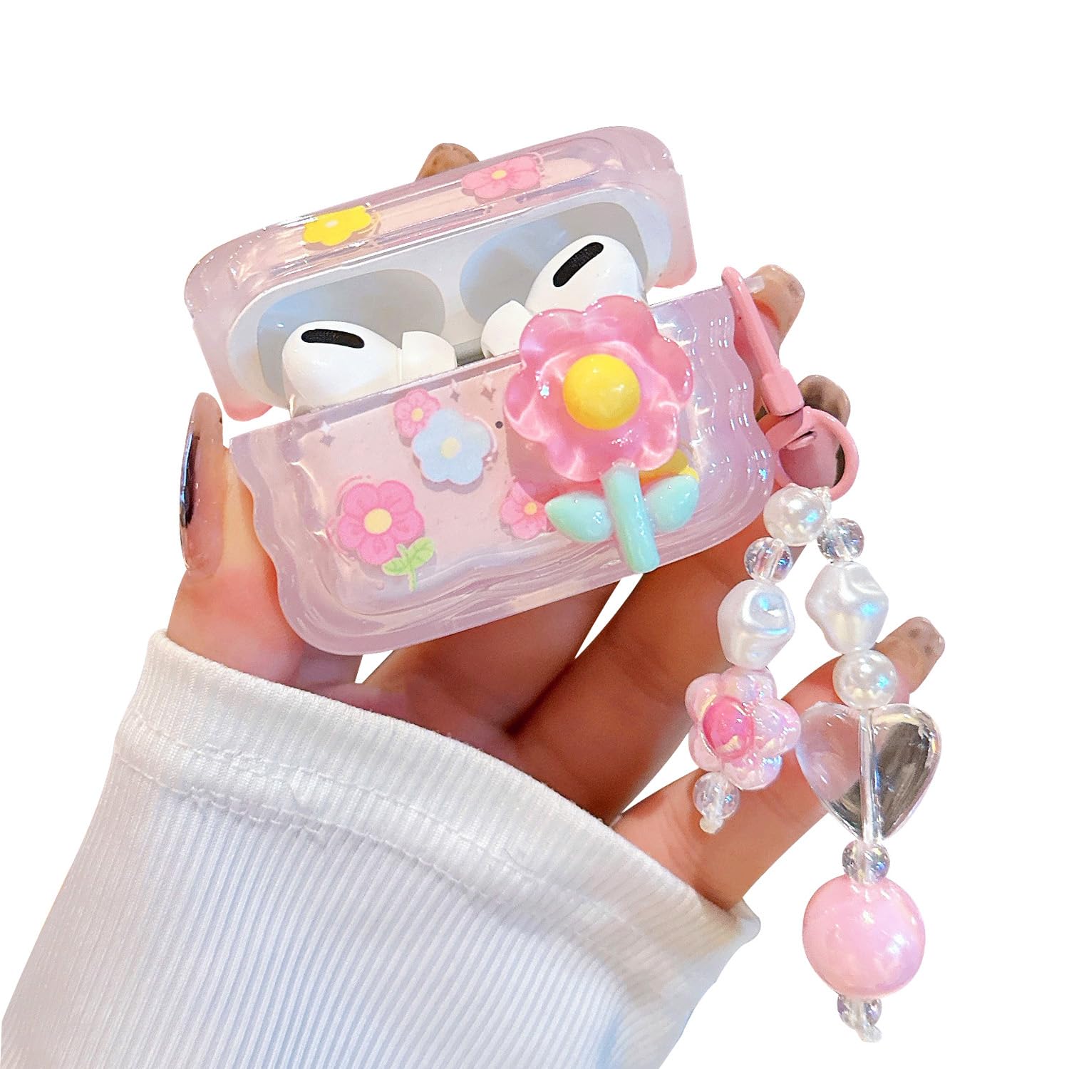 PHOEACC Cute Airpod Pro 2 / Airpod Pro Case 3D Flower with Keychain Clear Hard TPU Protective Cover Compatible with AirPods Pro 2nd/1st Generation