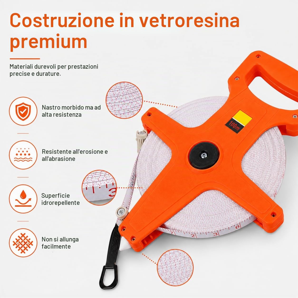 Metro A Nastro 100 Metri, Rotella Metrica In Fibra Di Vetro Resistente Flessometro Bindella, Doppio Lato Rotolo Di Metro A Nastro Di Misurazione Nastri Di Misurazione In Pollici E mm Con Impugnatura