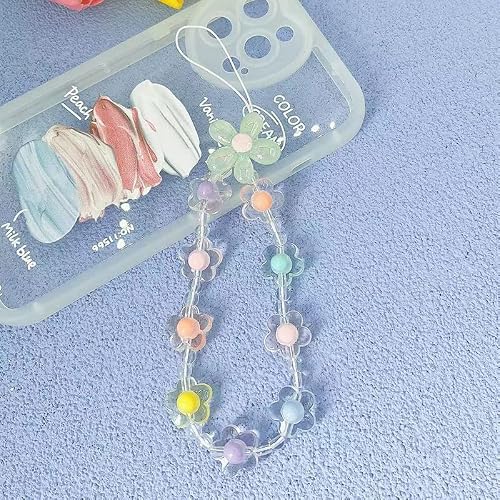 Tenghong2021 Colorful Flower Daisy Transparent Beaded Phone Charm Y2K Cute Phone Strap Pink Yellow Green Daisy Lanyard Jewelry Keychain Charm For Women Gifts-Green #TOP1