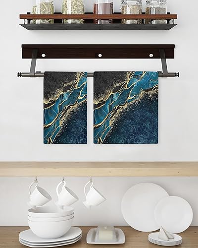 Miniatura 3 de Kitchen Towel 2 Packs Cotton Waffle Weave, Abstract Black Blue Marble Texture Golden Veins Line 16 x 24 Inch Absorbent Quick Drying Dish Towels