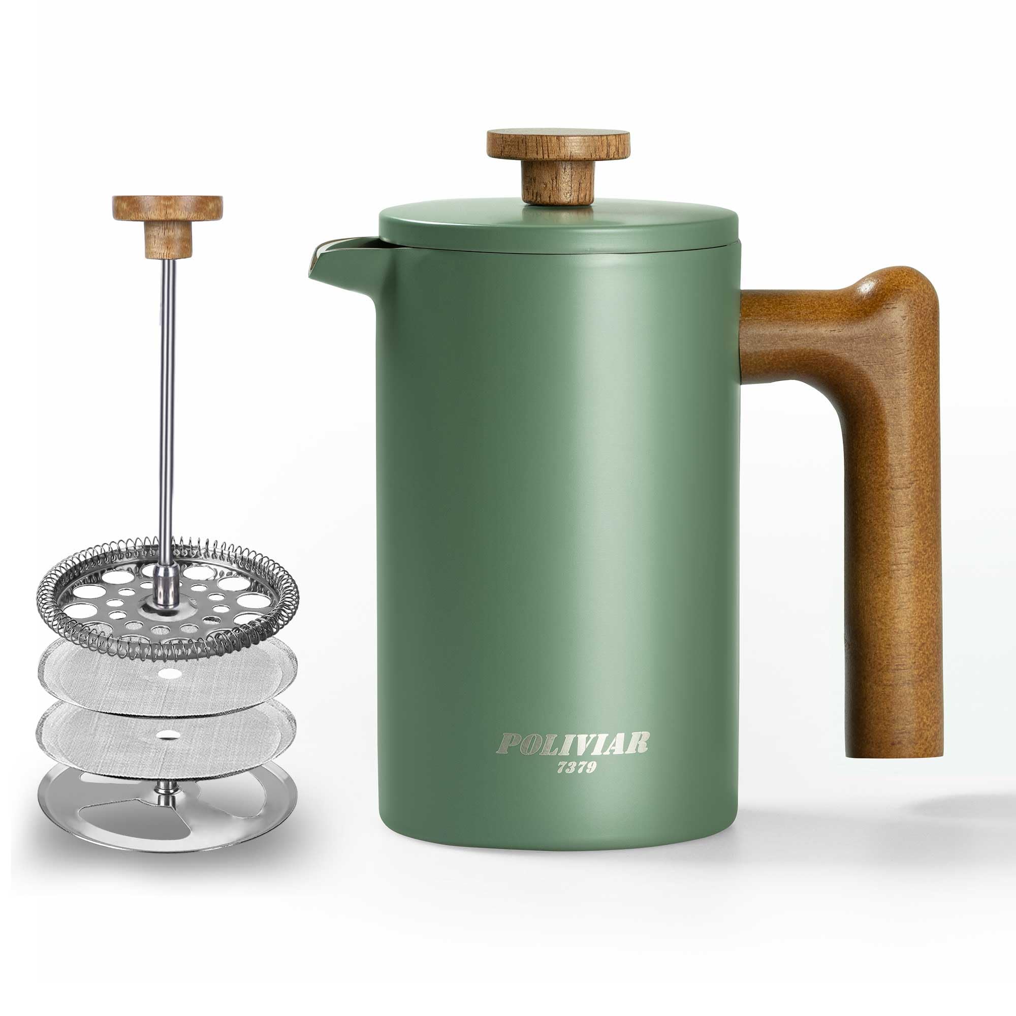 POLIVIAR French Press Coffee Maker, 21 oz Coffee Press with Real Wood Handle, Double Wall Insulation & Dual-Filter Screen, Food Grade Stainless Steel for Good Coffe and Tea, JX2024-SFPN