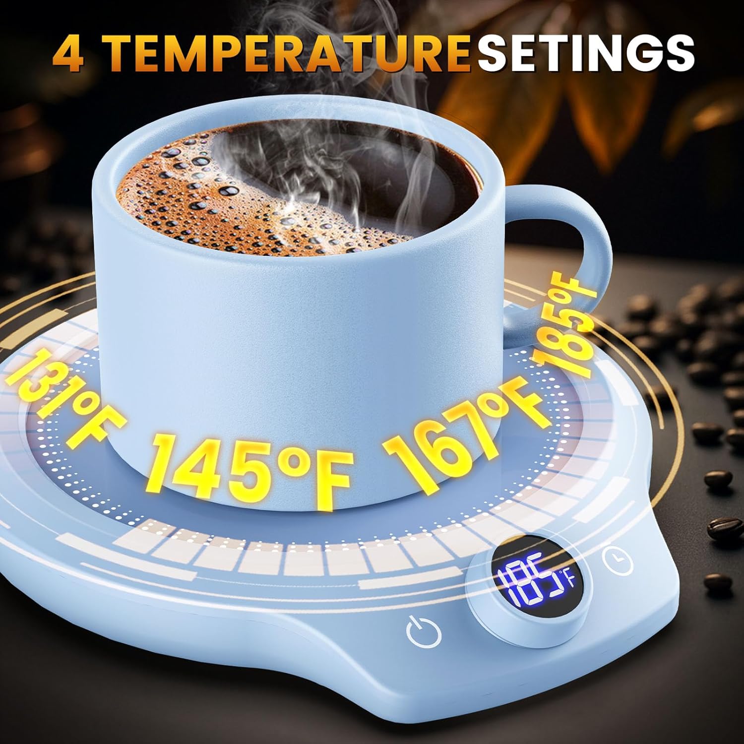 Fast Heating Mug Warmer - 4 Temp Settings & 1-12H Timer, Coffee Cup Warmer Plate for Desk Auto Shut Off, Ideal Beverage Warmer Gift for Coffee, Tea, Milk (Blue)