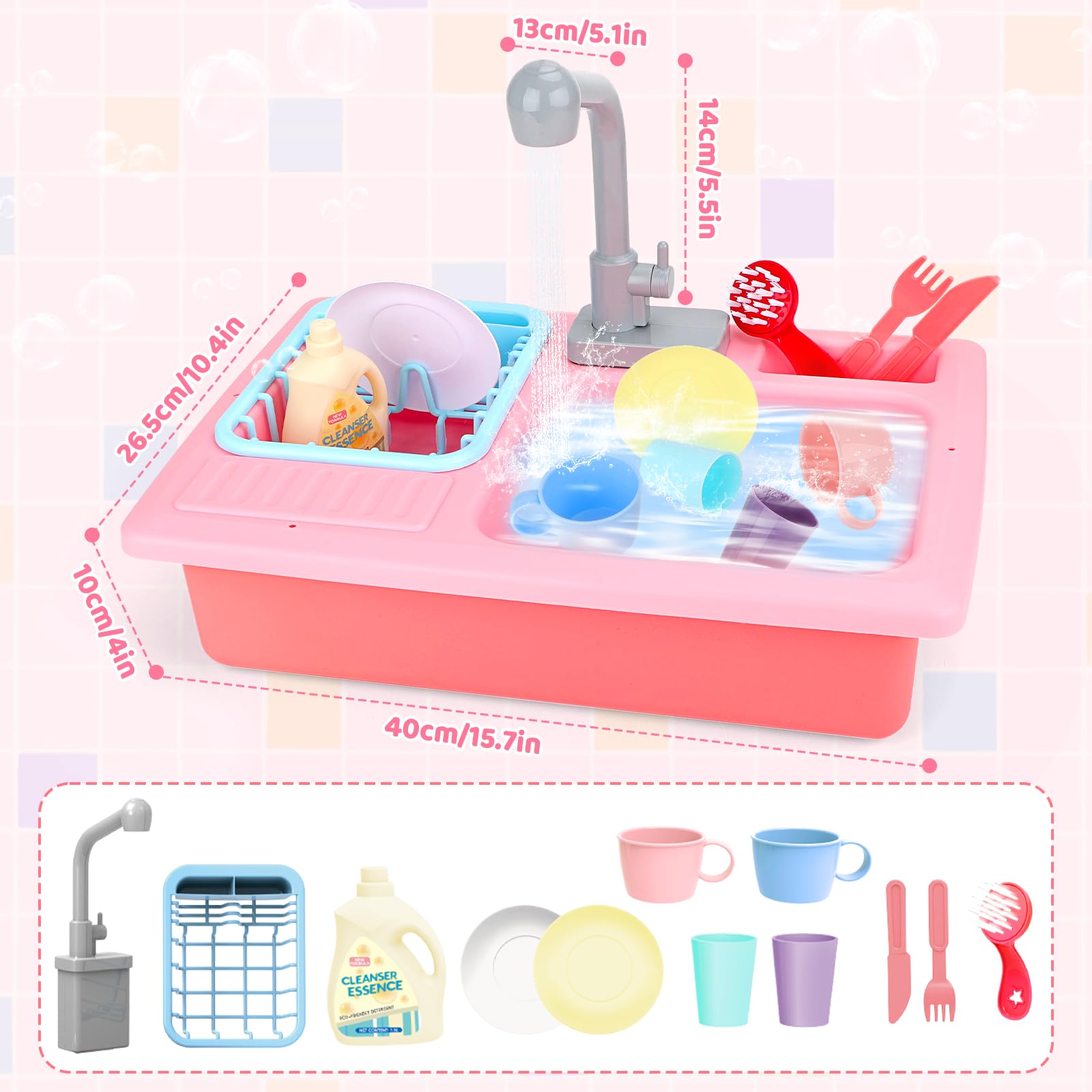 deAO Evier de Cuisine Jeu de Rôles avec Simulateur d’Eau Électrique et Accessoires (Rose)