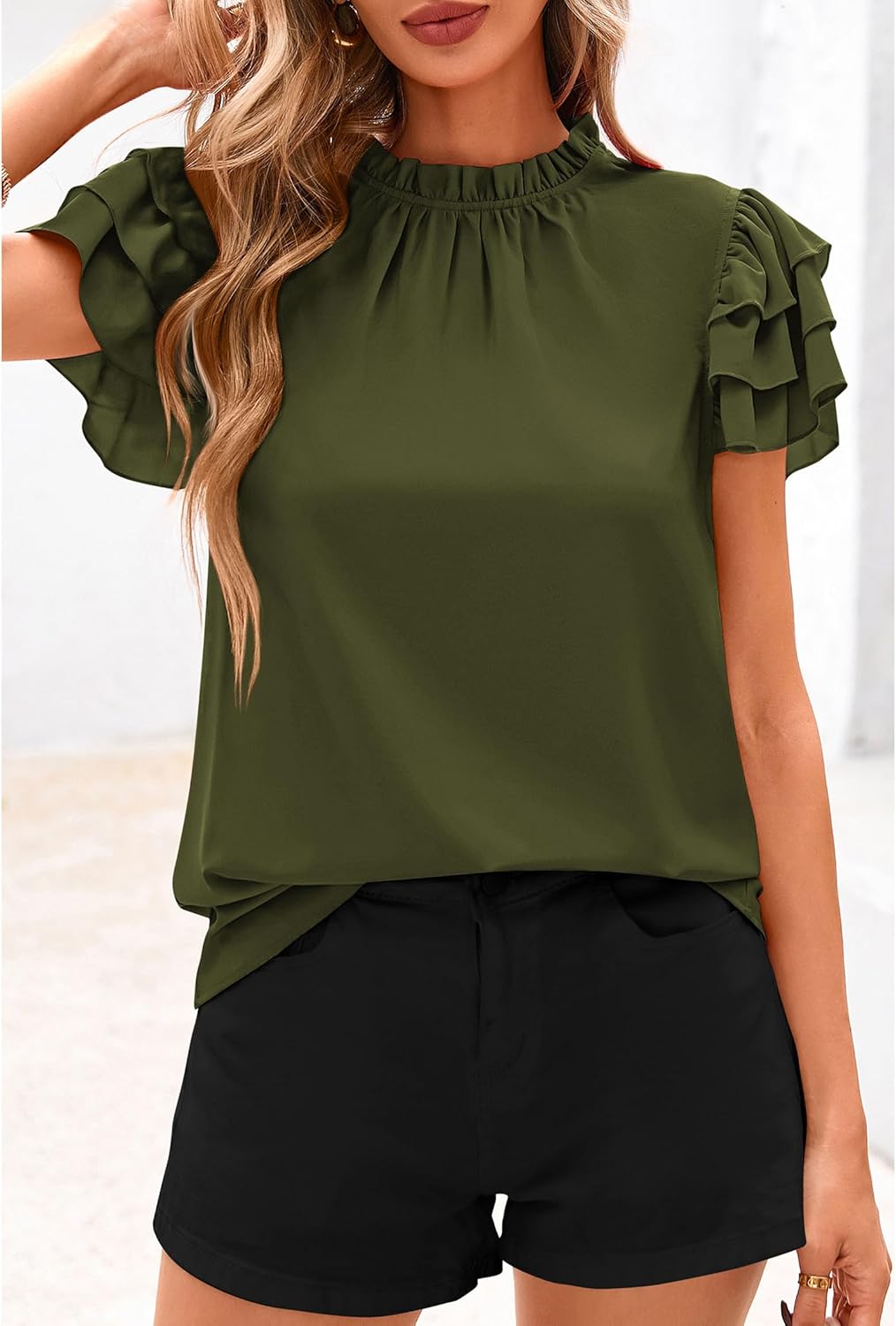 KIRUNDO Blouses for Women Dressy Casual 2026 Spring Summer Ruffle Short Sleeve Mock Neck Work Shirts Tops Fashion Clothing - Image 7