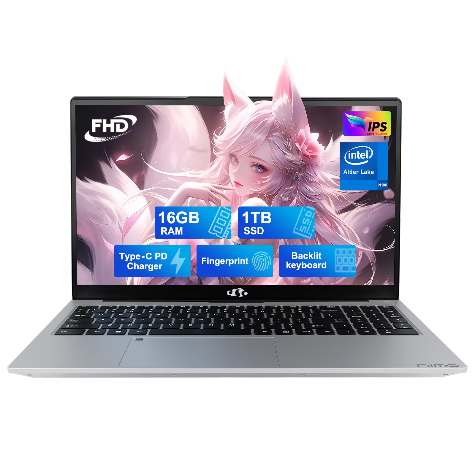 NIMO 15.6" IPS FHD-Student-Laptop, Intel Pentium Quad Core N100 16GB RAM 1TB SSD (Beat i3-1115G4, Up to 3.4GHz) Backlit Keyboard Fingerprint for Home Computer, Type-C BT5.2 WiFi 6 Win 11