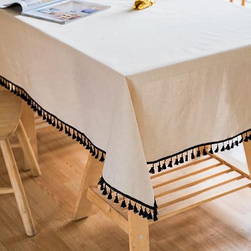 Miniatura 5 de YUURAINVUVU Tela de lino de algodón beige puro, mantel rectangular con borlas negras con costuras para cocina, comedor, mesa, decoración, fiesta de