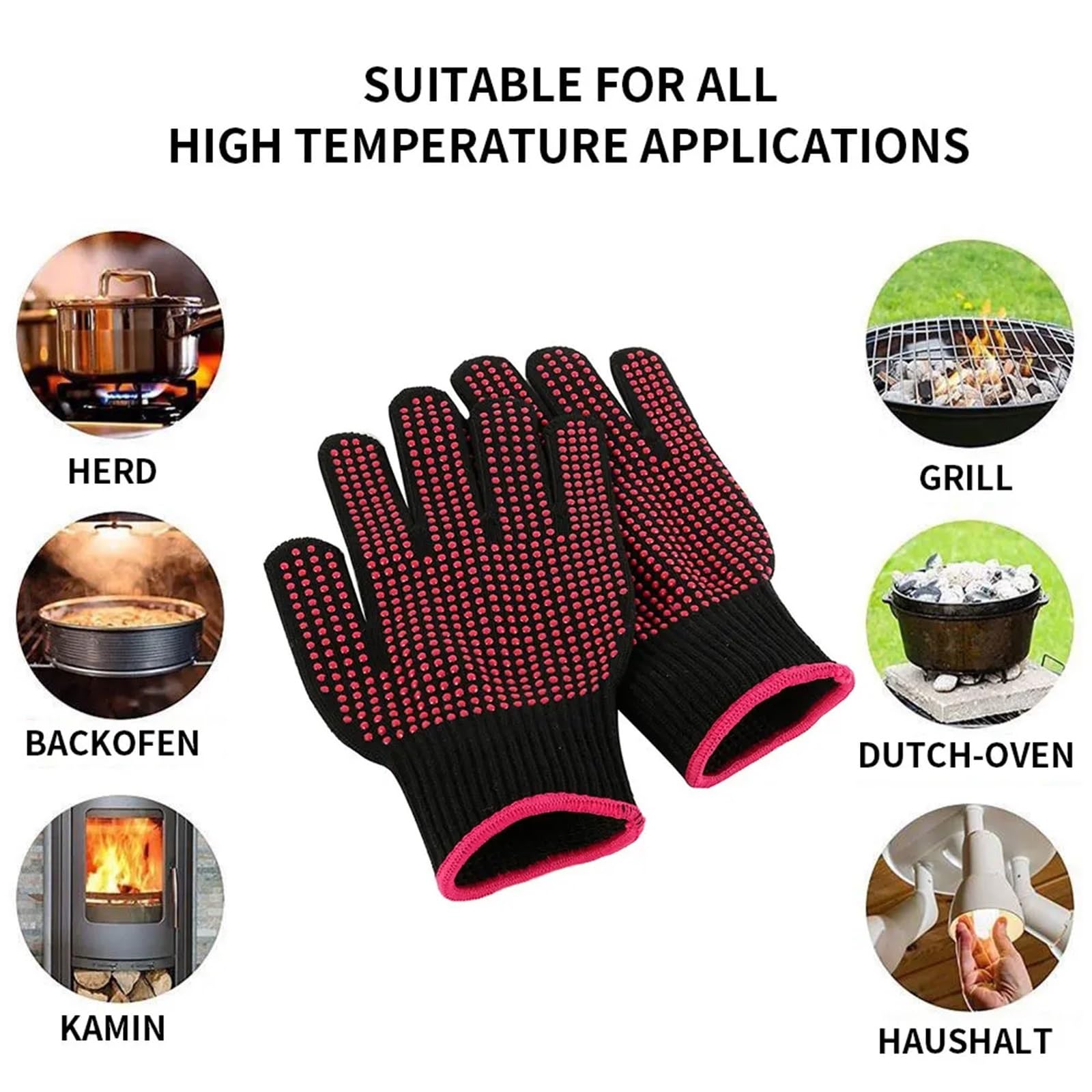 Gants de Gril résistants à la Chaleur, Gants de Four antidérapants en Coton Polyester résistant à la Chaleur, Combinaison for la Cuisson, Le Barbecue, la friteuse, la Cuisine pour Grillades(Red)