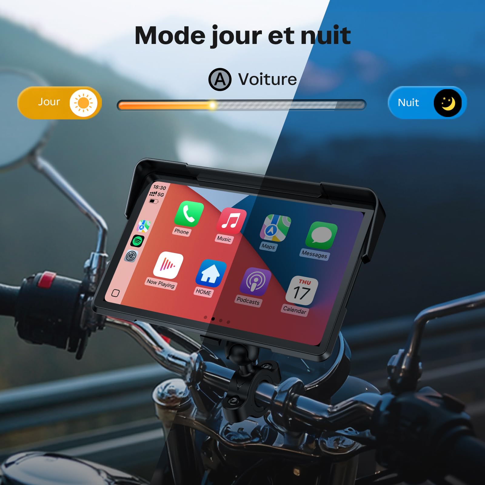 WonVon CarPlay 7 Pouces Système de Navigation GPS pour Moto avec Apple CarPlay et Android Auto écran Portable avec Double Bluetooth, Navigation, Siri, Google Assistant Support magnétique