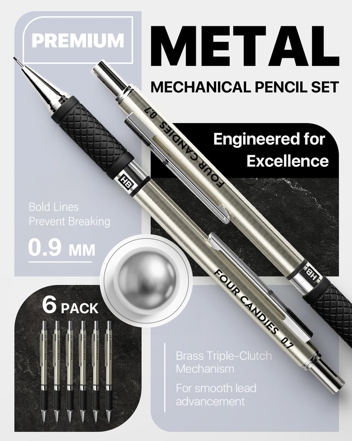 Metal Mechanical Pencil Set with Case, 6-Pack 0.9mm Break-Resistant image 2