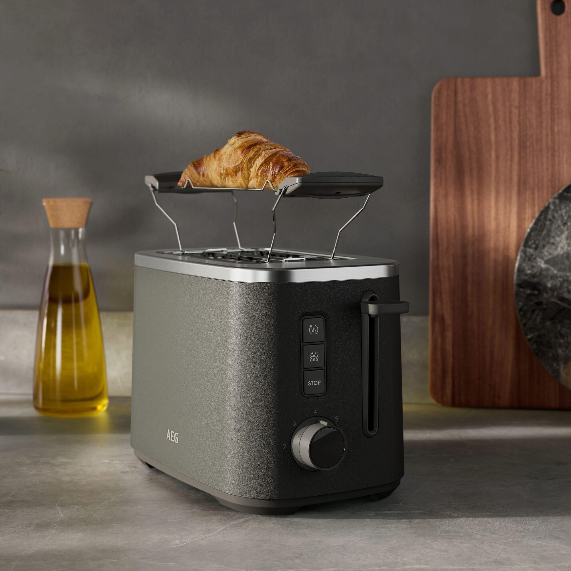 AEG Toaster Deli 5, 7 Toasteinstellungen, Countdown-Timer, Stopp-, Auftau-, Aufwärmknopf, Automatische Zentrierung, Cool-Touch-Gehäuse, 2 Breite Schlitze, Krümelschublade, Anthrazit, T5-1-4AN