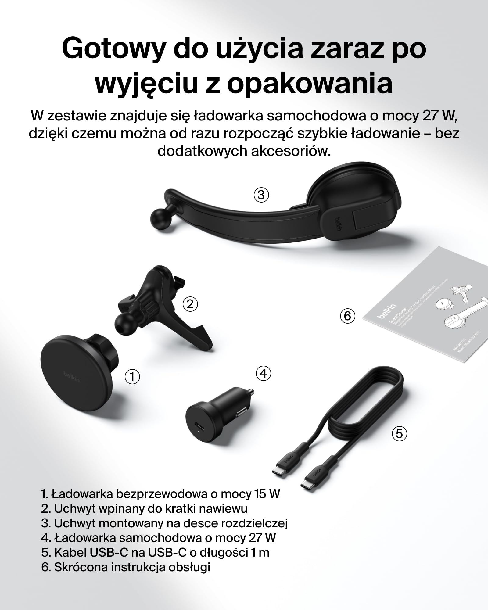 Belkin Bezprzewodowa Ładowarka Samochodowa, Zgodny z MagSafe Magnetyczny Uchwyt na Kratkę Nawiewu/Deskę Rozdzielczą, z Kablem USB-C, do iPhone’a 17, Galaxy S25, Pixelsnap – Akcesoria Qi2 – Czarna