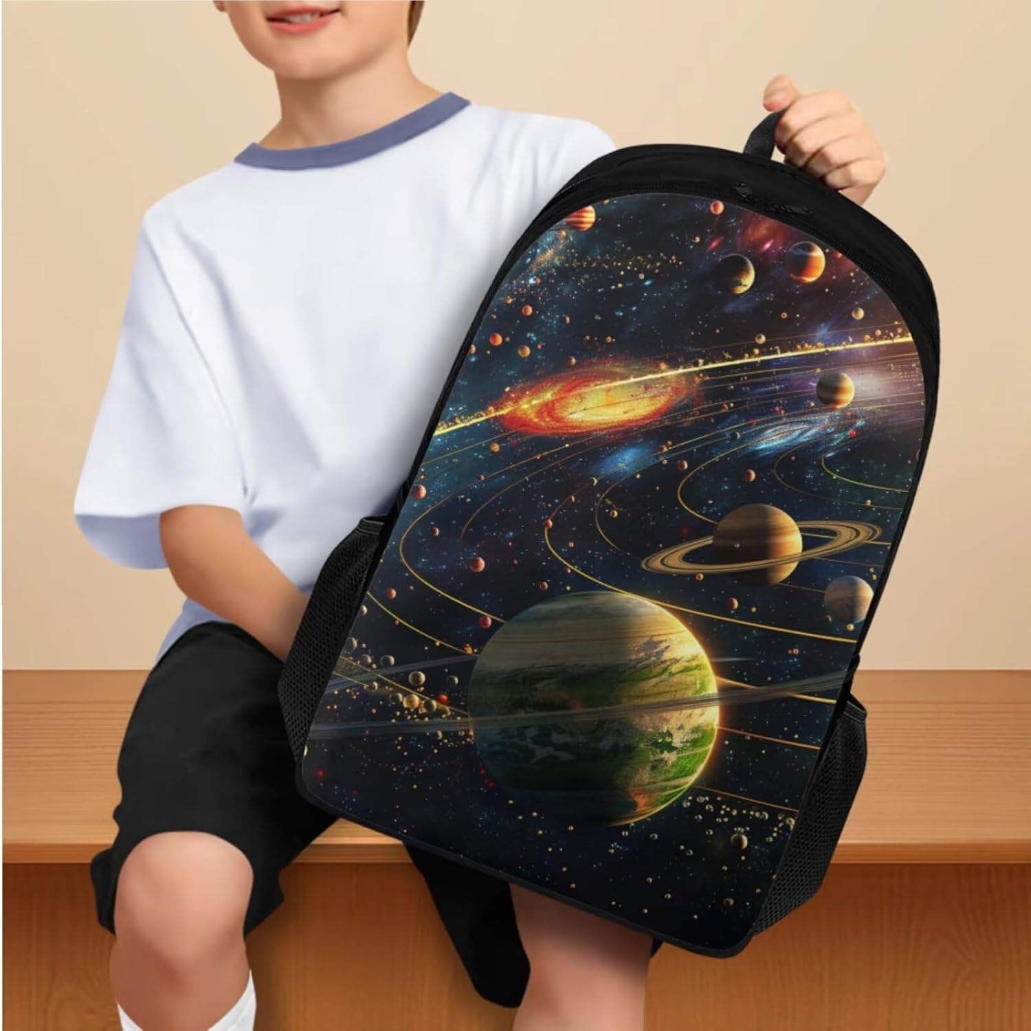 Galaxy Space Backpack for Boys Kids Backpack with Lunch Box Water Bottle Carrier and Big Capacity Pencil Case 4 PCS 17 inch Large Bookbag with Compartments for School Lightweight School Bag