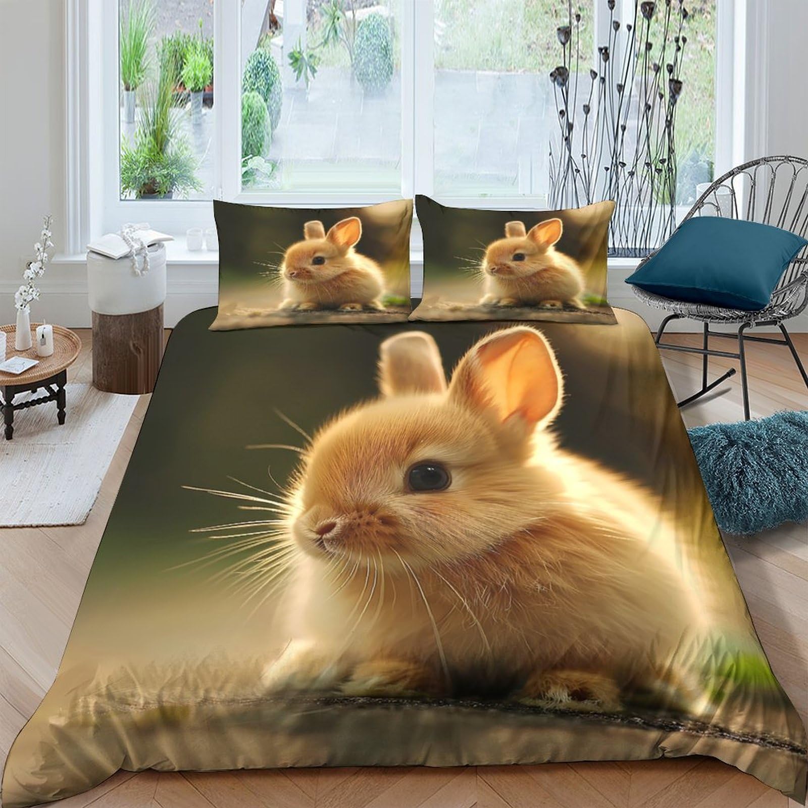 P5V6M1Q9 3D Printed Cute Bunny Duvet Cover Microfiber Soft Breathable Rabbit Bedding Set with 2 Pillowcases for Bedroom Décor Single（135x200cm）