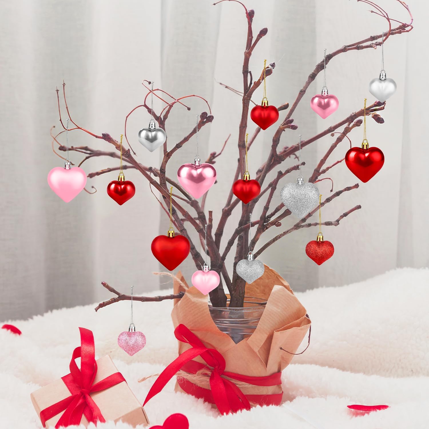 Valentines Day Heart Decorations for Tree 30 Pcs, Red Pink Silver Tree Hanging Ornaments for Wedding Anniversary Party, Valentine Romantic Heart Shaped Ornament Decor Gifts for Home Fireplace Door Heart Ornaments 30 Pcs